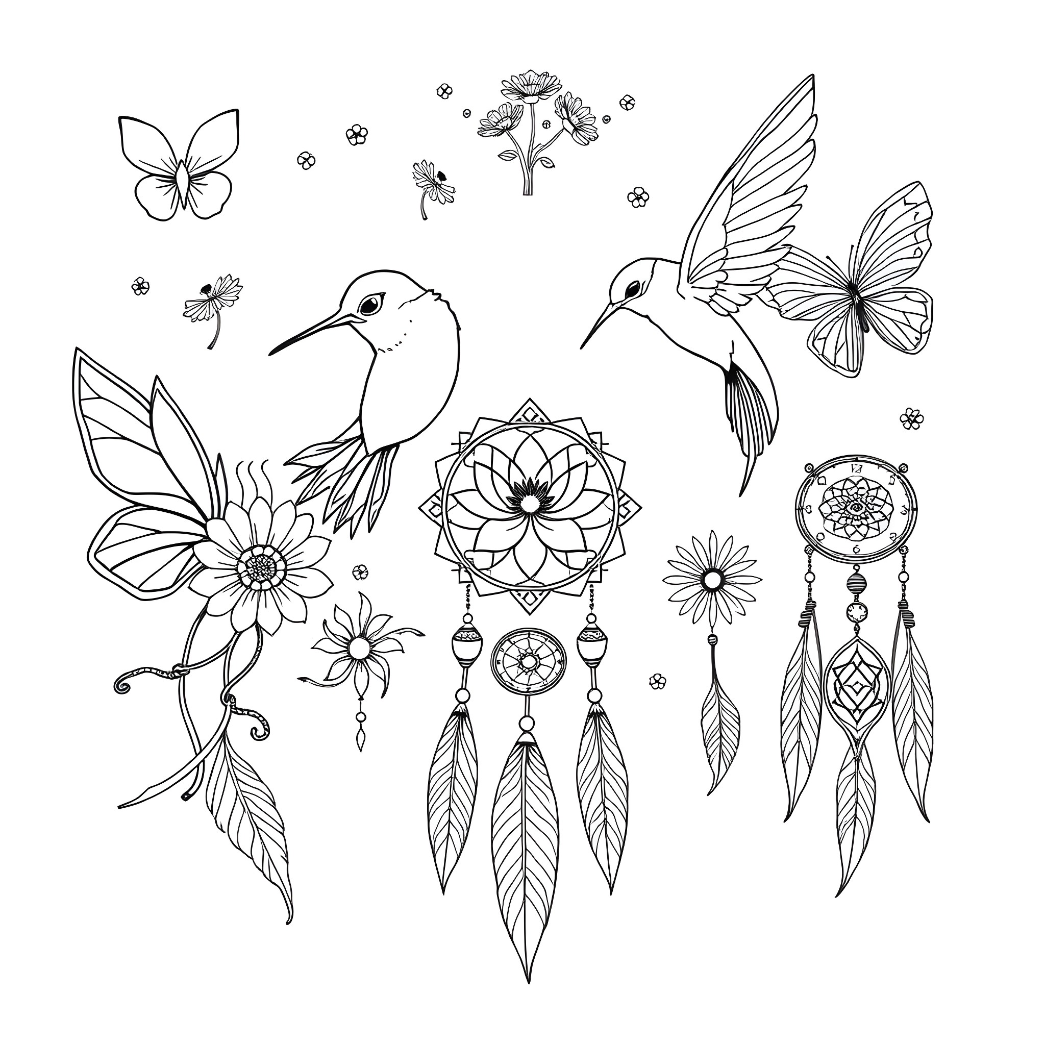 Hummingbirds dancing among floral and dreamcatcher elements Coloring Page (free black-and-white line drawing printable PDF for all, from beginners to advanced learners, including children, teens, adults, and seniors)