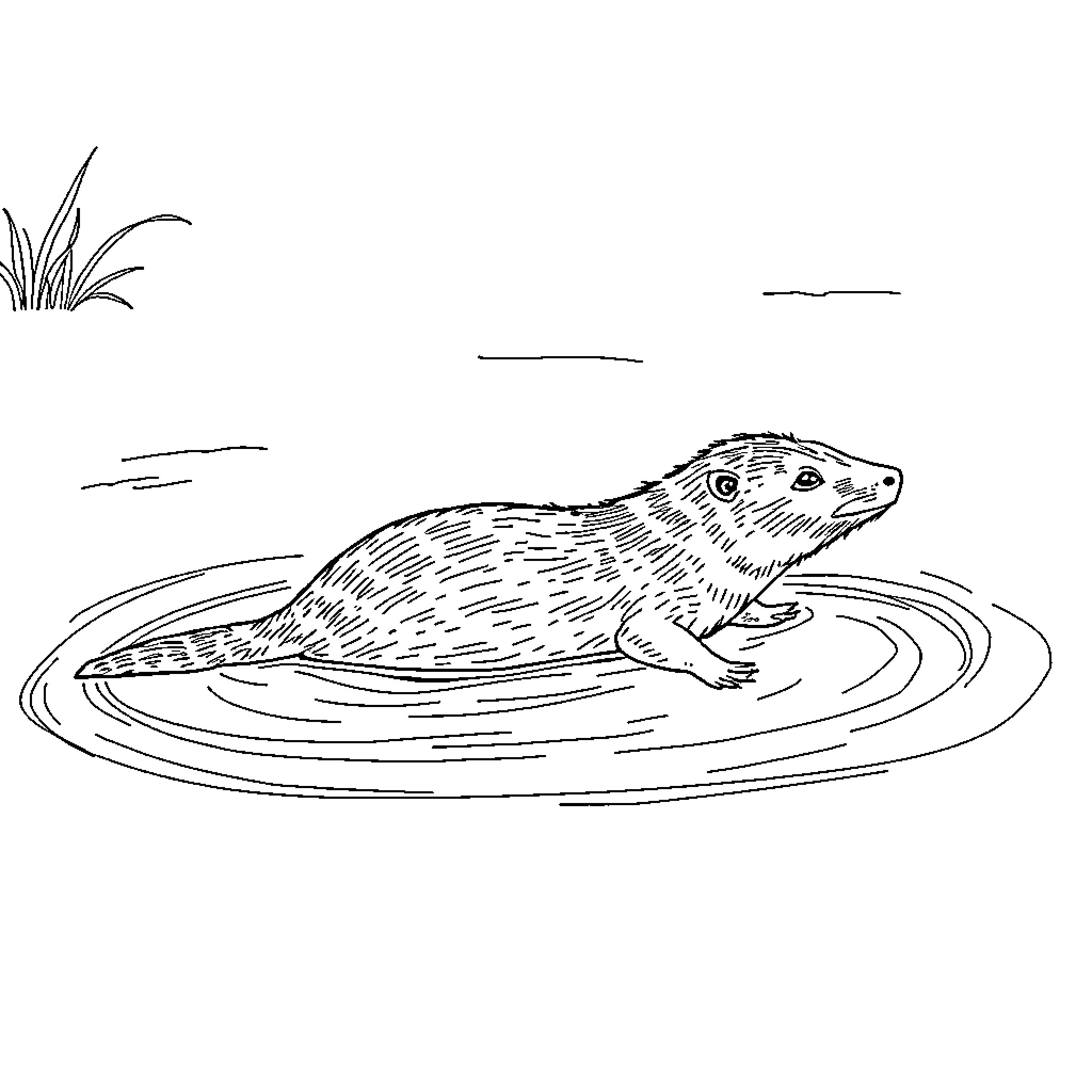 Nutria swimming in a pond Coloring Page (free black-and-white line drawing printable PDF for all, from beginners to advanced learners, including children, teens, adults, and seniors)