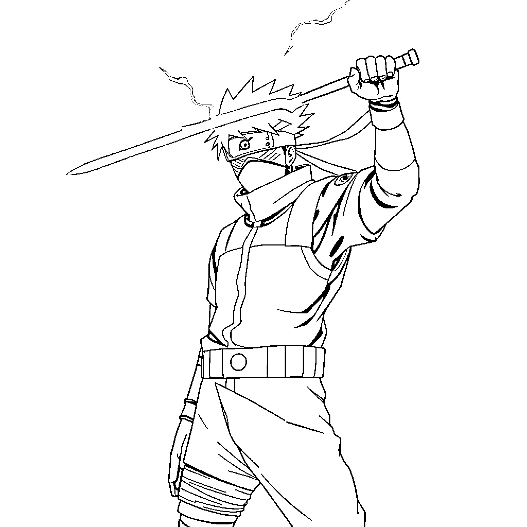 Kakashi in battle stance wielding a sword Coloring Page (free black-and-white line drawing printable PDF for all, from beginners to advanced learners, including children, teens, adults, and seniors)
