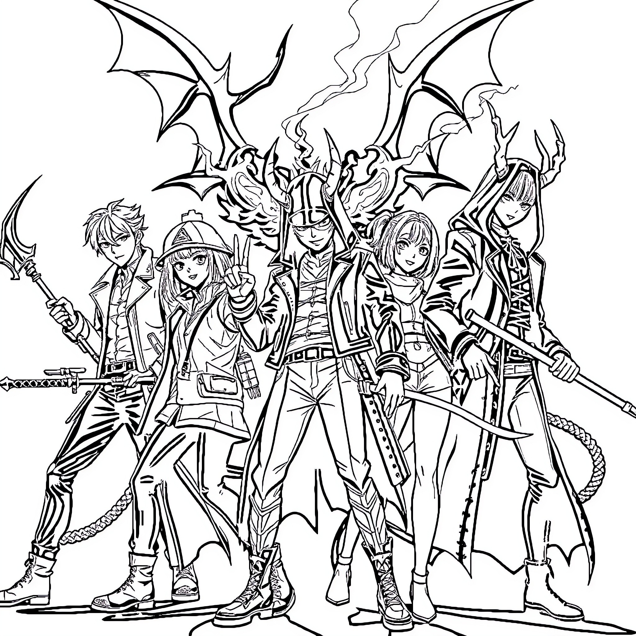 Demon Hunter Group in Action Poses Coloring Page (free black-and-white line drawing printable PDF for all, from beginners to advanced learners, including children, teens, adults, and seniors)