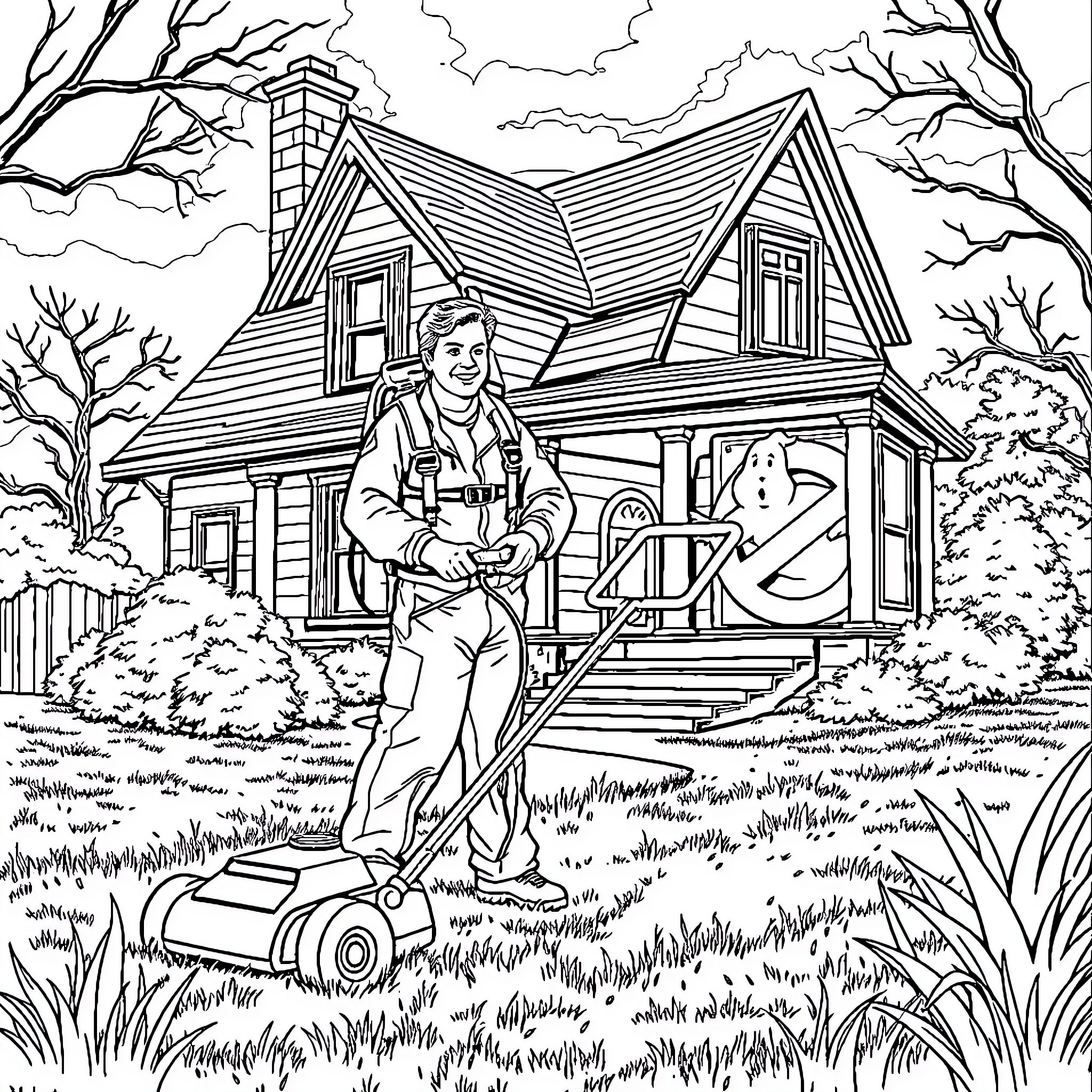 Ghostbuster mowing the lawn in a spooky setting Coloring Page (free black-and-white line drawing printable PDF for all, from beginners to advanced learners, including children, teens, adults, and seniors)