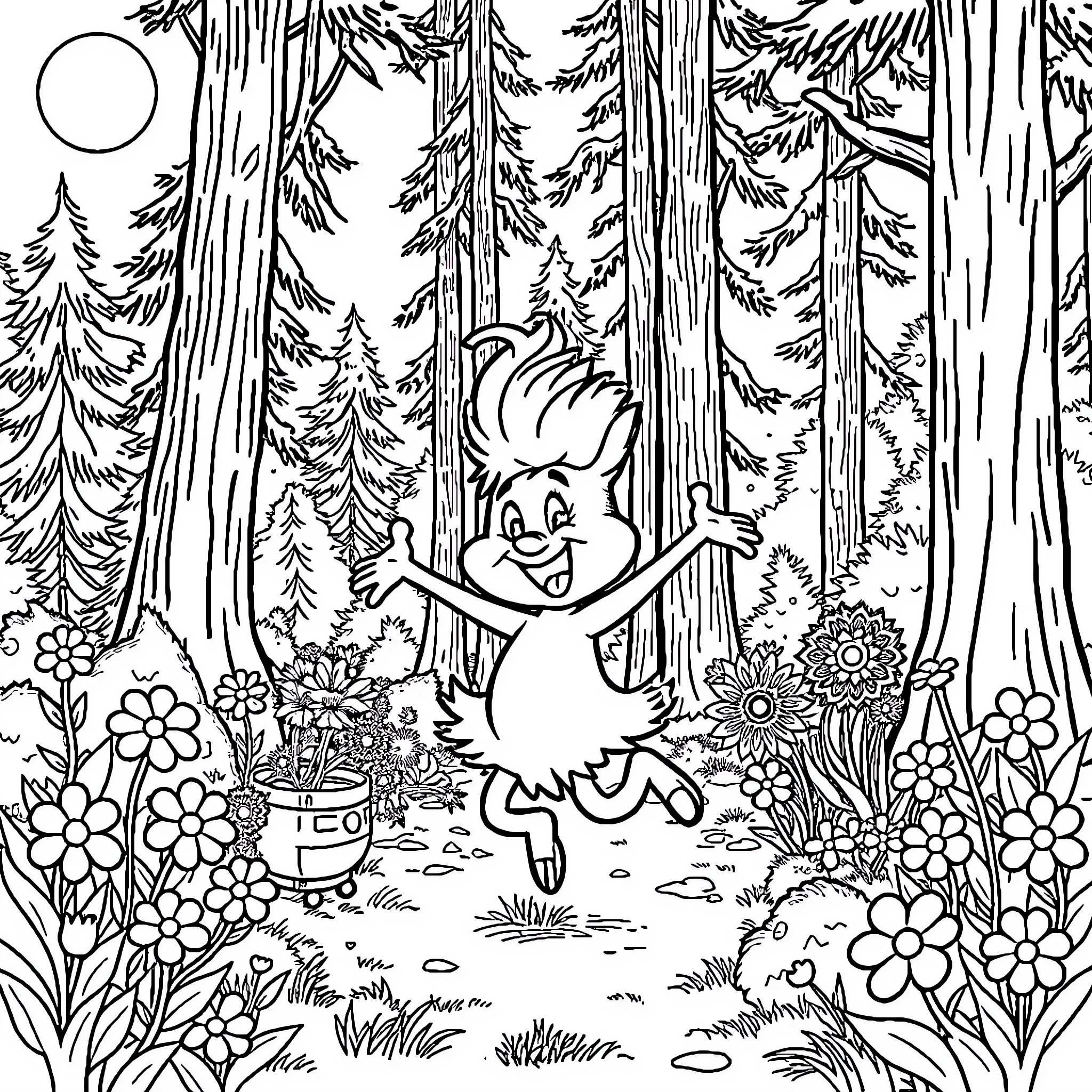 Sprunky character frolicking in nature's wonder Coloring Page (free black-and-white line drawing printable PDF for all, from beginners to advanced learners, including children, teens, adults, and seniors)