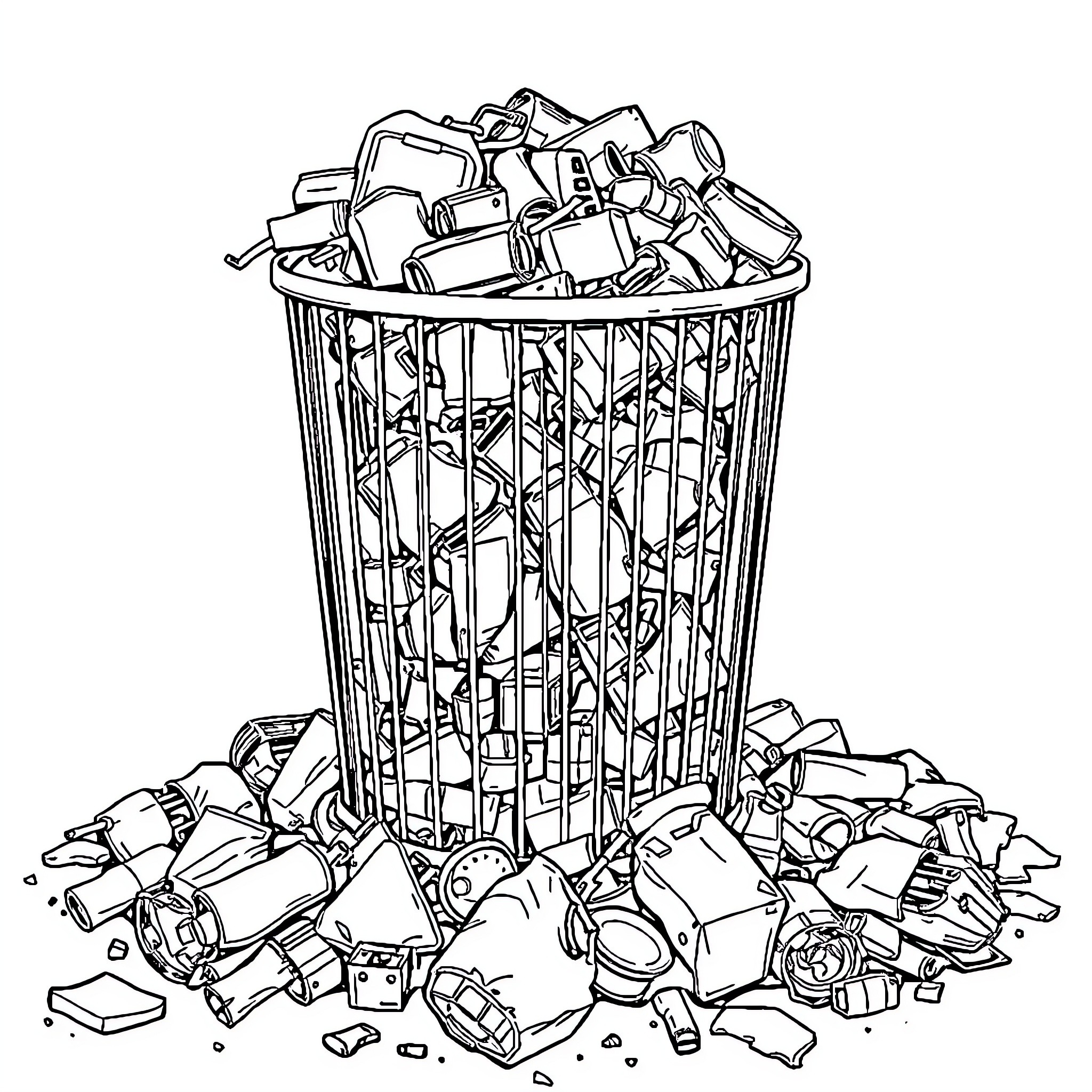 Trashcan overflowing with discarded items Coloring Page (free black-and-white line drawing printable PDF for all, from beginners to advanced learners, including children, teens, adults, and seniors)