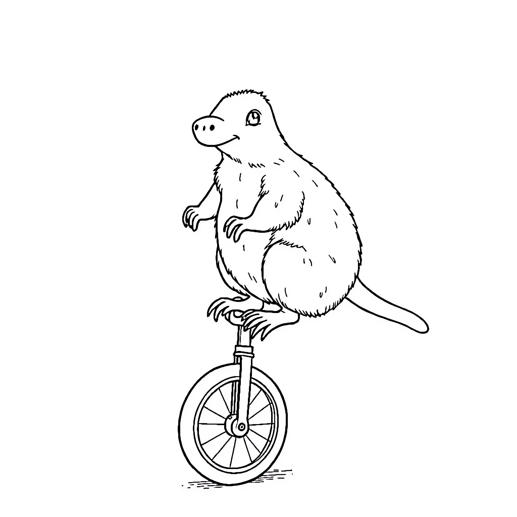 Platypus riding a unicycle Coloring Page (free black-and-white line drawing printable PDF for all, from beginners to advanced learners, including children, teens, adults, and seniors)