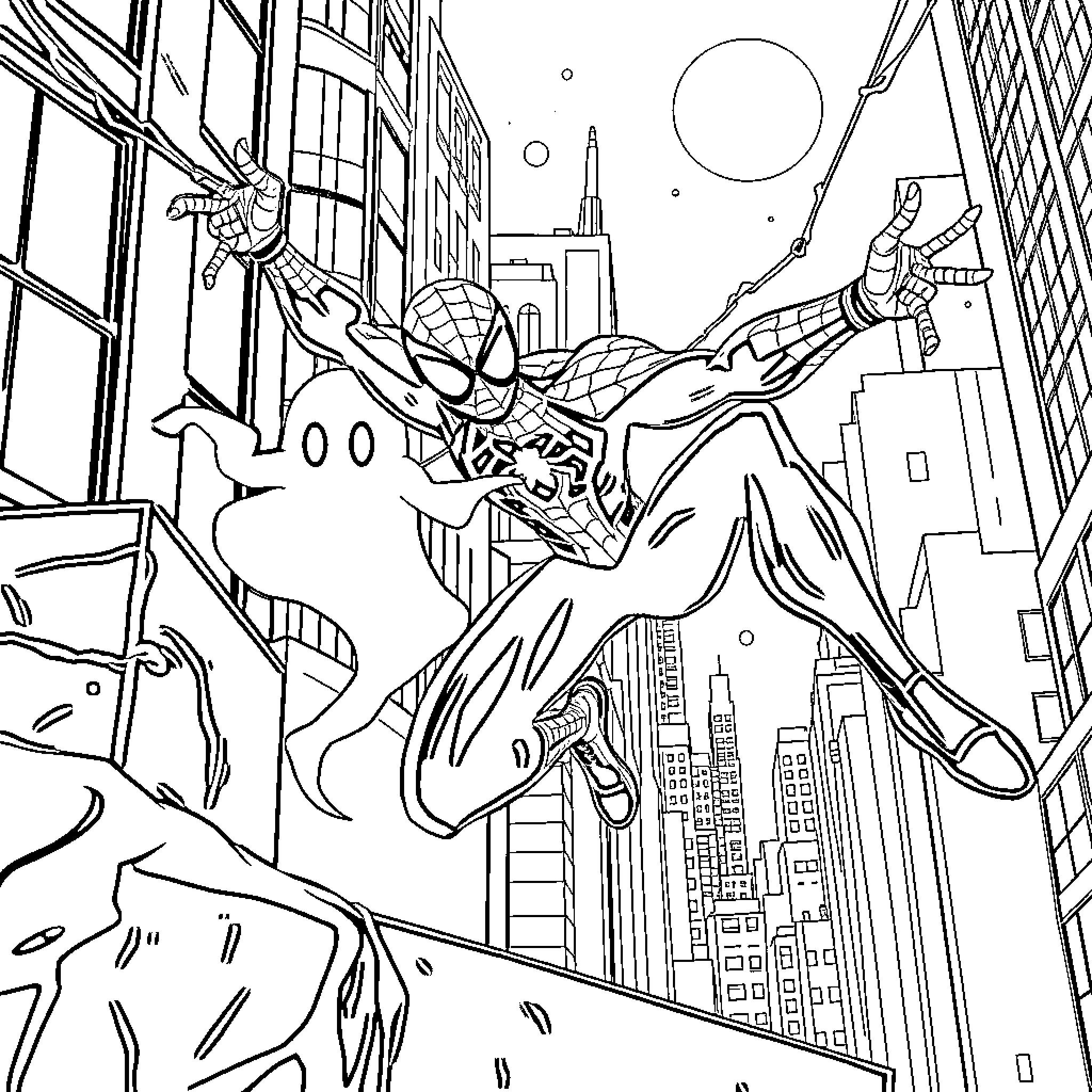 Spider-Man swinging through the city in action Coloring Page (free black-and-white line drawing printable PDF for all, from beginners to advanced learners, including children, teens, adults, and seniors)