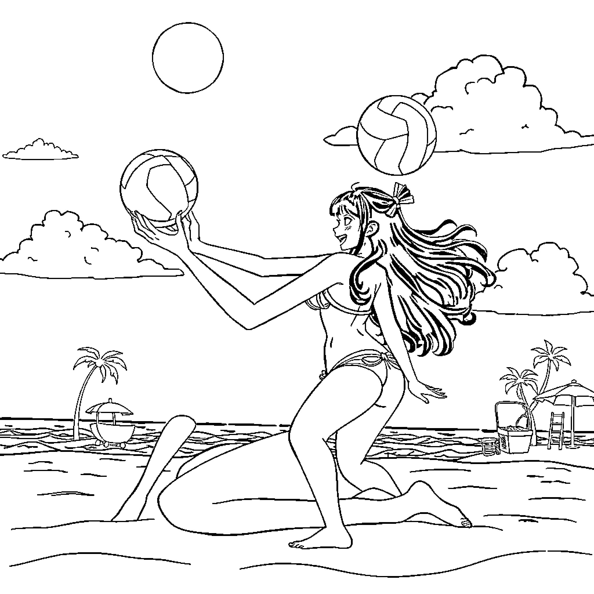 Nami playing volleyball on the beach Coloring Page (free black-and-white line drawing printable PDF for all, from beginners to advanced learners, including children, teens, adults, and seniors)