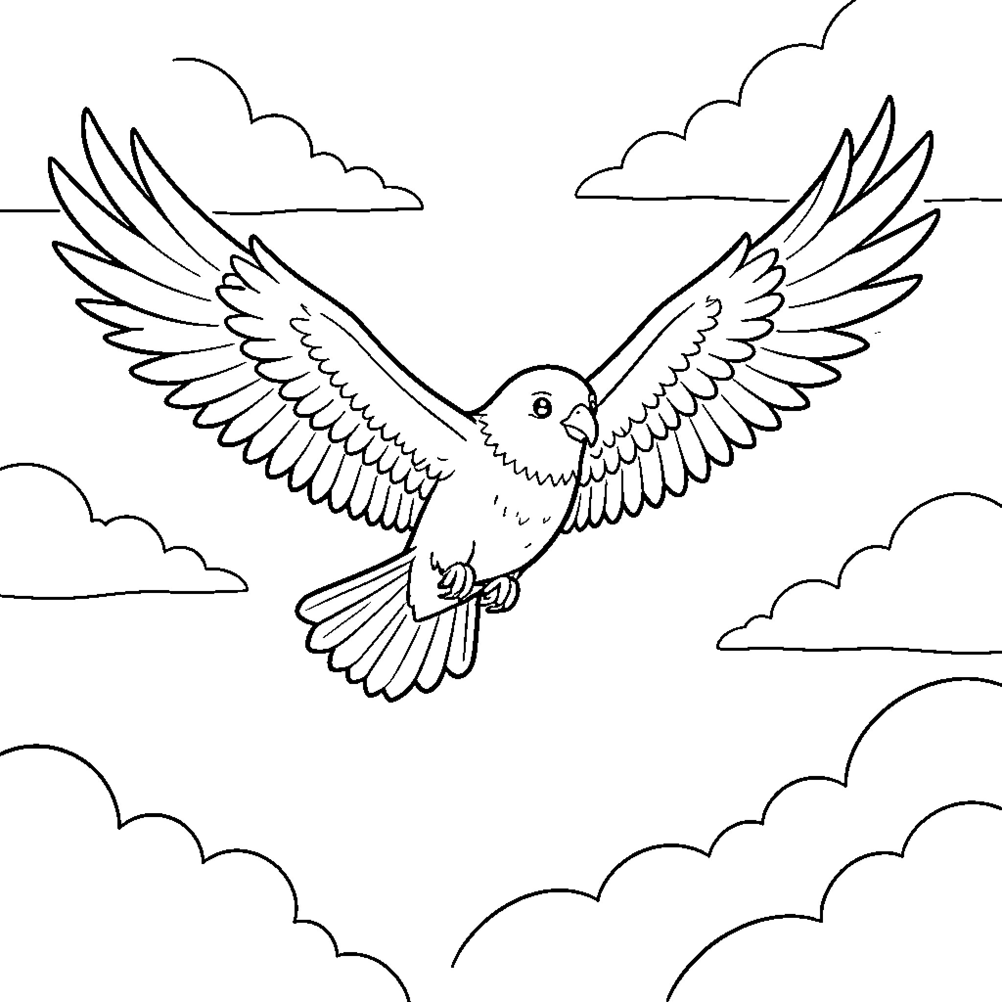 Airzonk bird soaring through a cloudy sky Coloring Page (free black-and-white line drawing printable PDF for all, from beginners to advanced learners, including children, teens, adults, and seniors)