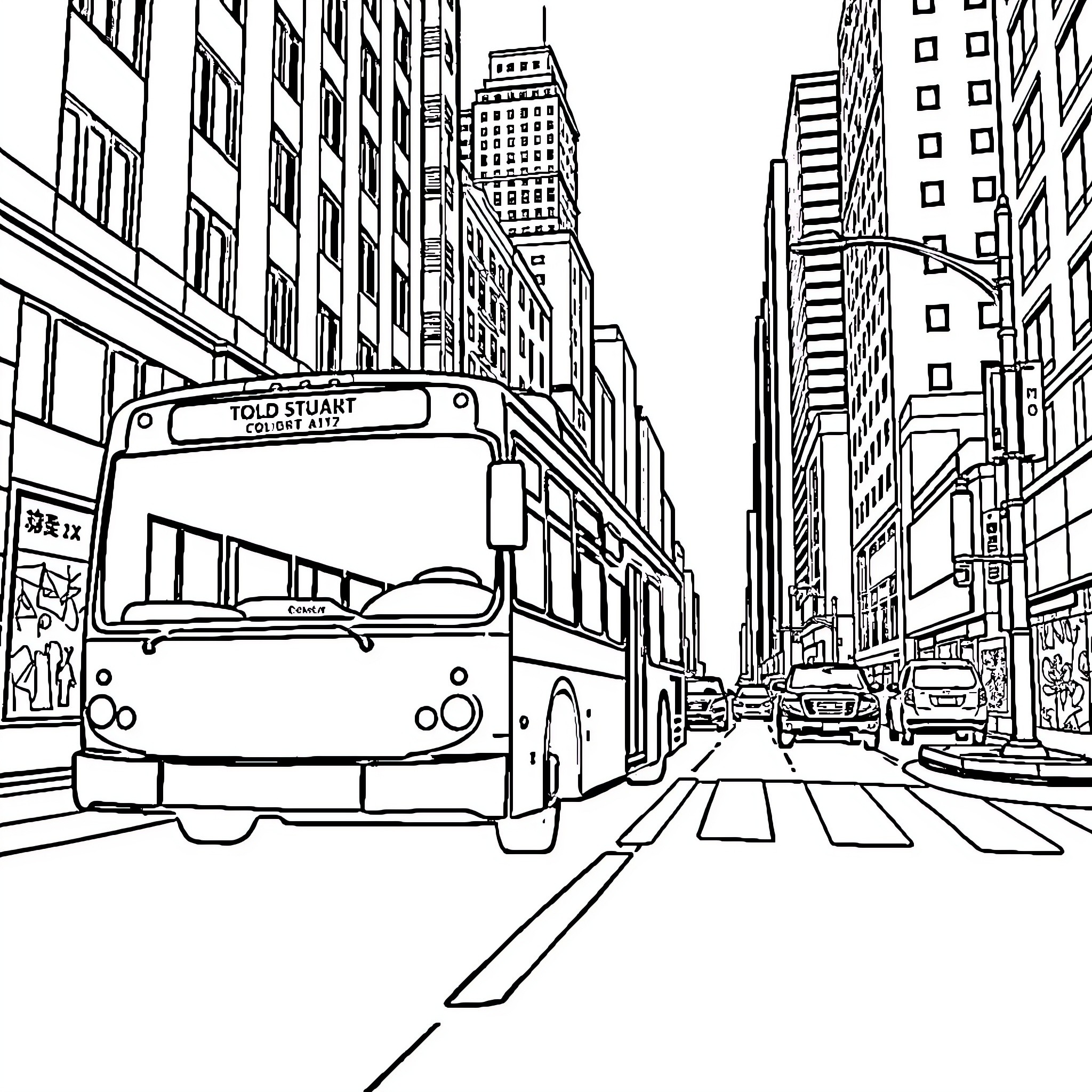 Bus Traveling Through Busy City Street Coloring Page (free black-and-white line drawing printable PDF for all, from beginners to advanced learners, including children, teens, adults, and seniors)