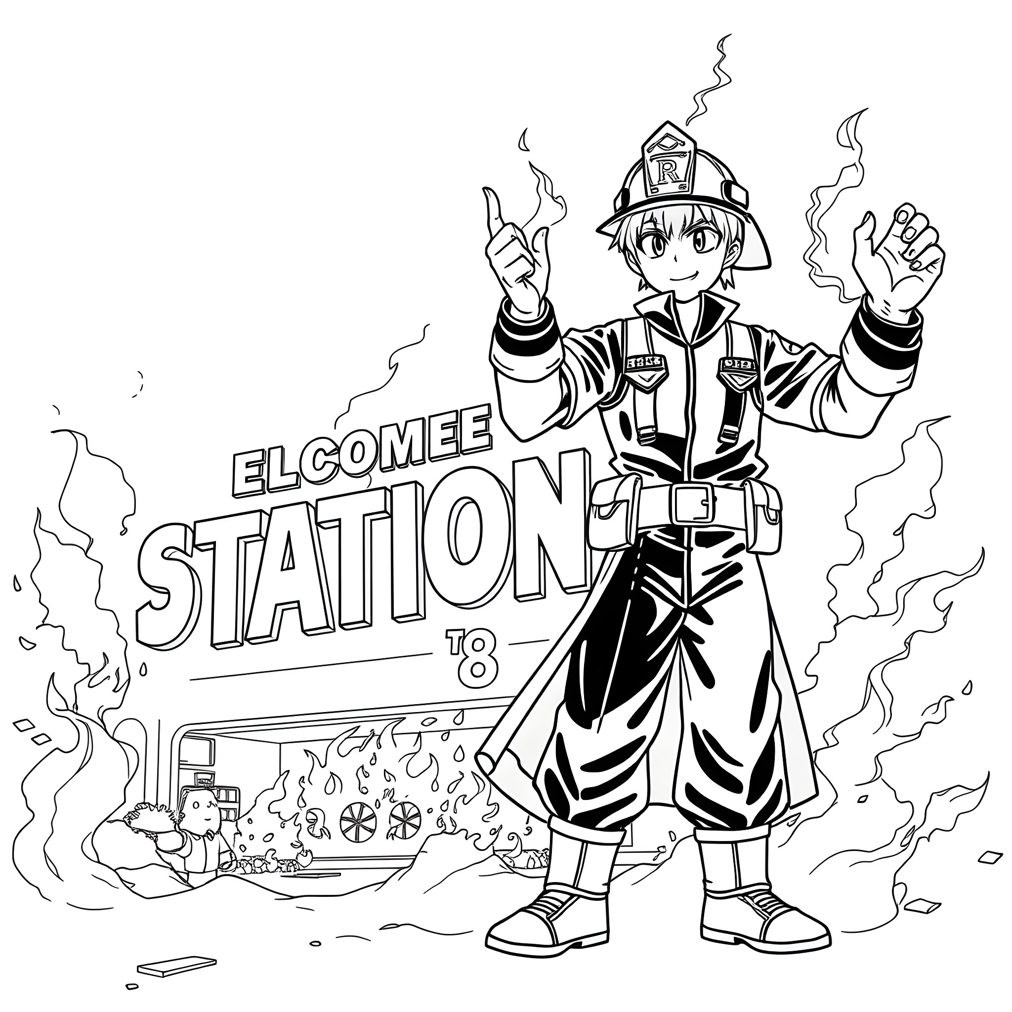 Shinra Firefighter Responding to Emergency Coloring Page (free black-and-white line drawing printable PDF for all, from beginners to advanced learners, including children, teens, adults, and seniors)