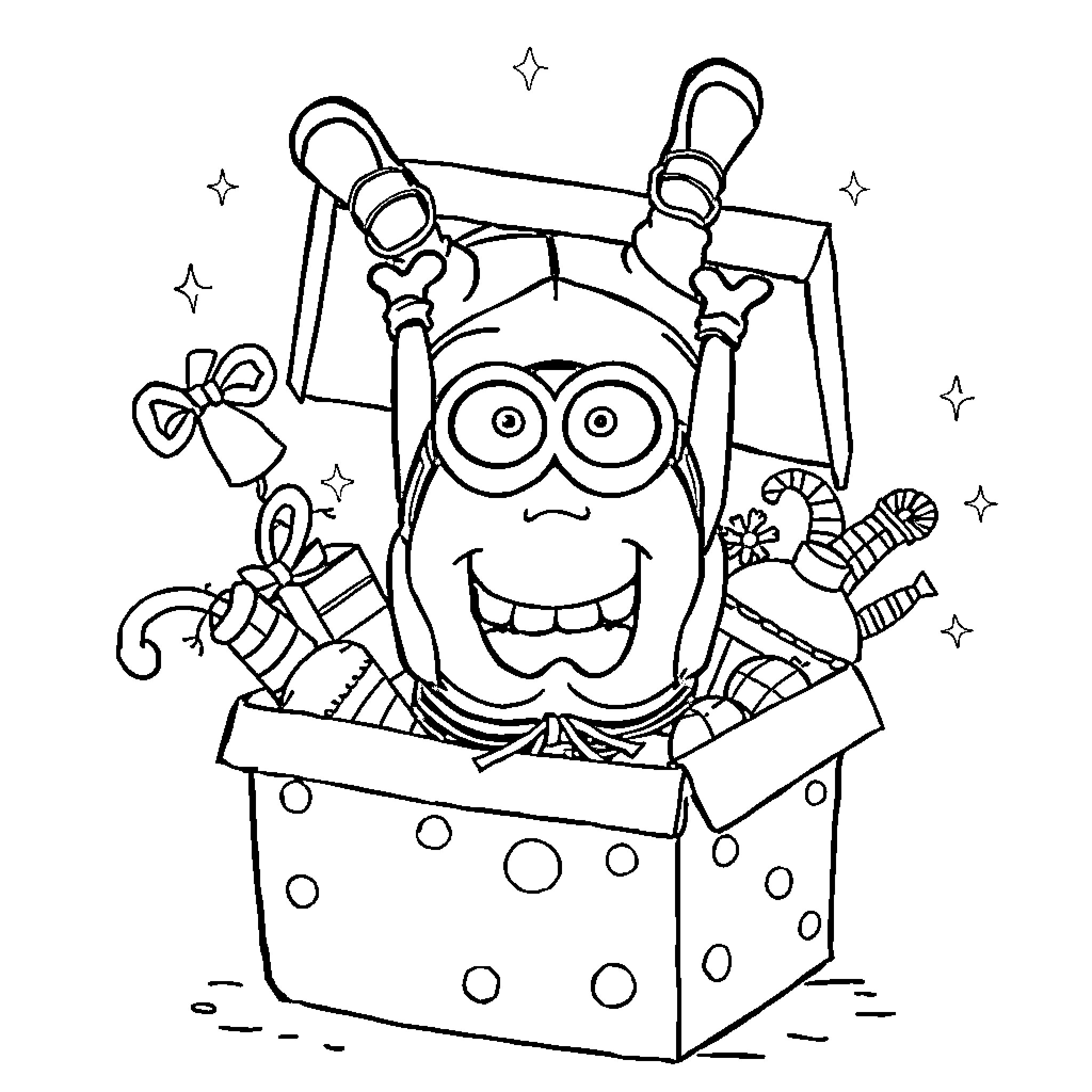 Minion popping out of a present box with gifts Coloring Page (free black-and-white line drawing printable PDF for all, from beginners to advanced learners, including children, teens, adults, and seniors)