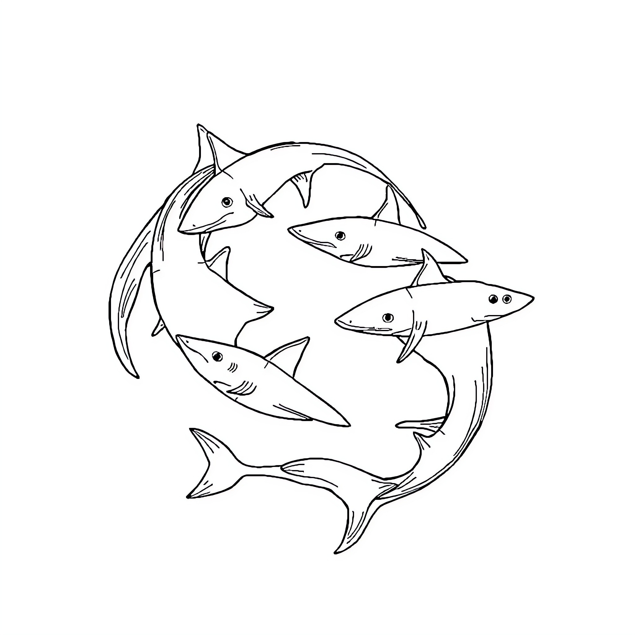 Shark swimming and chasing in the ocean Coloring Page (free black-and-white line drawing printable PDF for all, from beginners to advanced learners, including children, teens, adults, and seniors)