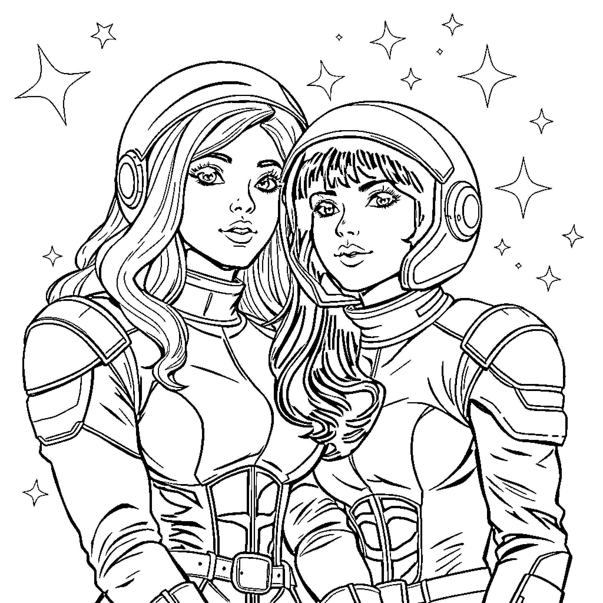 Character portrait of two space explorers Coloring Page (free black-and-white line drawing printable PDF for all, from beginners to advanced learners, including children, teens, adults, and seniors)