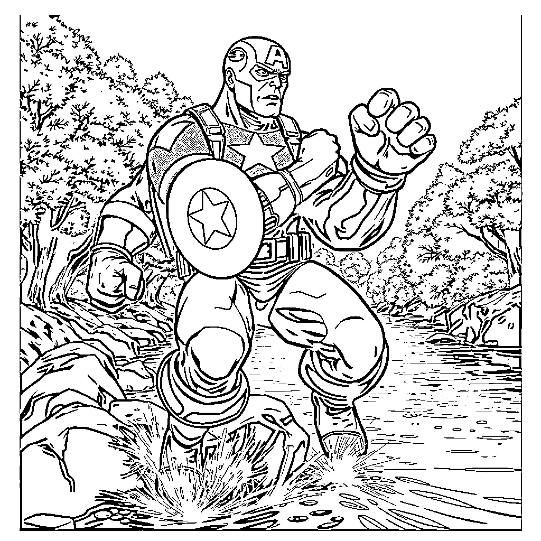 Captain America in Action Stance with Shield Coloring Page (free black-and-white line drawing printable PDF for all, from beginners to advanced learners, including children, teens, adults, and seniors)
