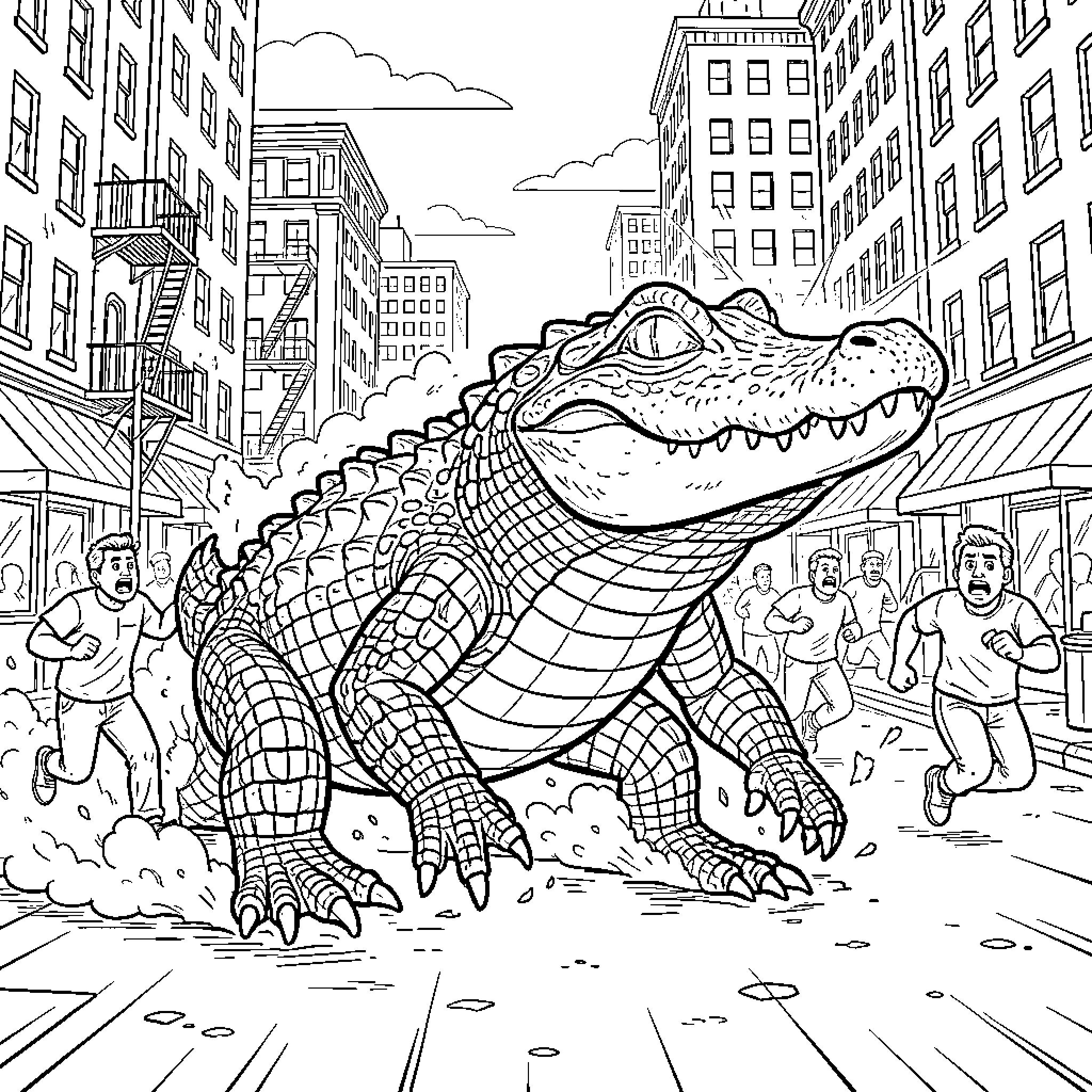 Alligator Invades the City Streets Coloring Page (free black-and-white line drawing printable PDF for all, from beginners to advanced learners, including children, teens, adults, and seniors)
