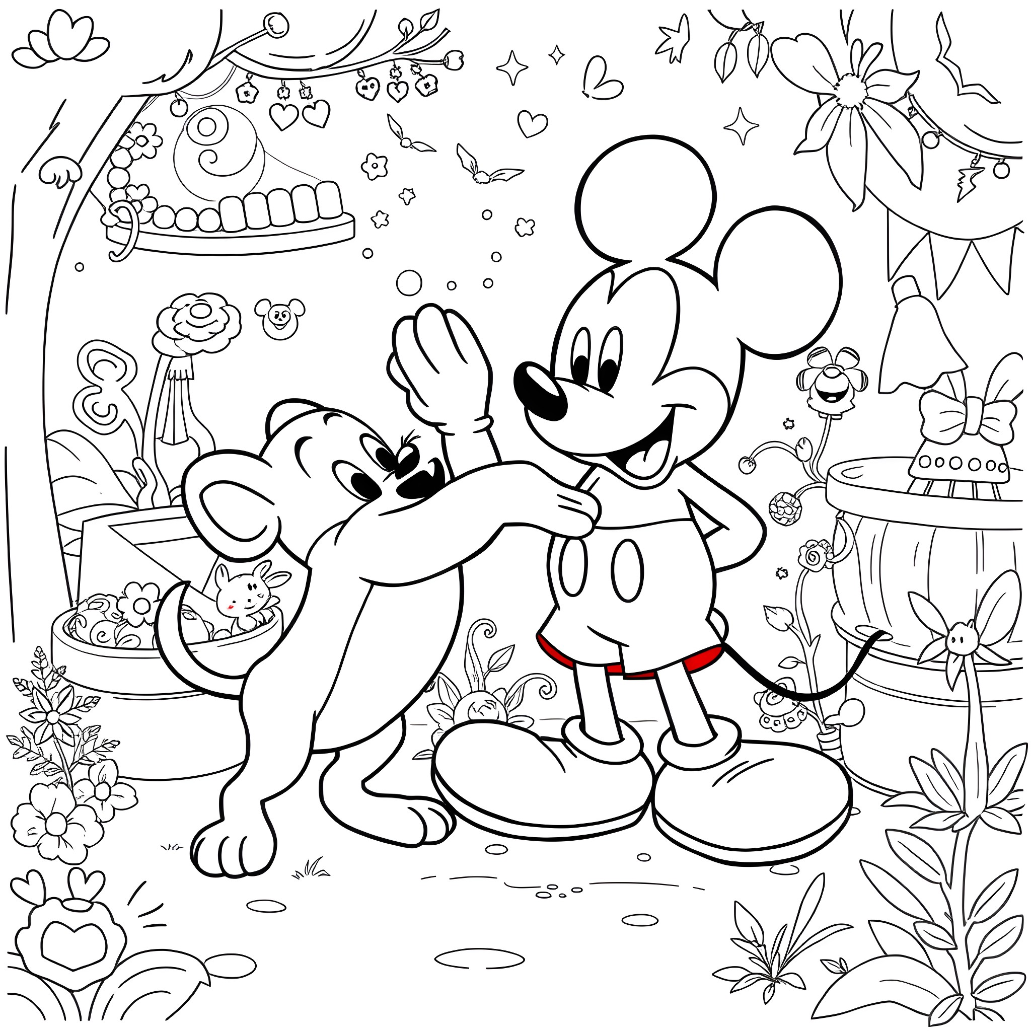 Bluey and Friends Enjoy a Magical Adventure Coloring Page (free black-and-white line drawing printable PDF for all, from beginners to advanced learners, including children, teens, adults, and seniors)