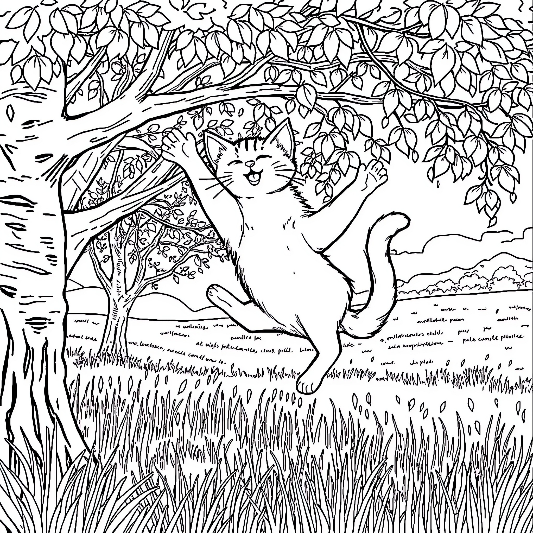 Chat with a playful cat in nature Coloring Page (free black-and-white line drawing printable PDF for all, from beginners to advanced learners, including children, teens, adults, and seniors)