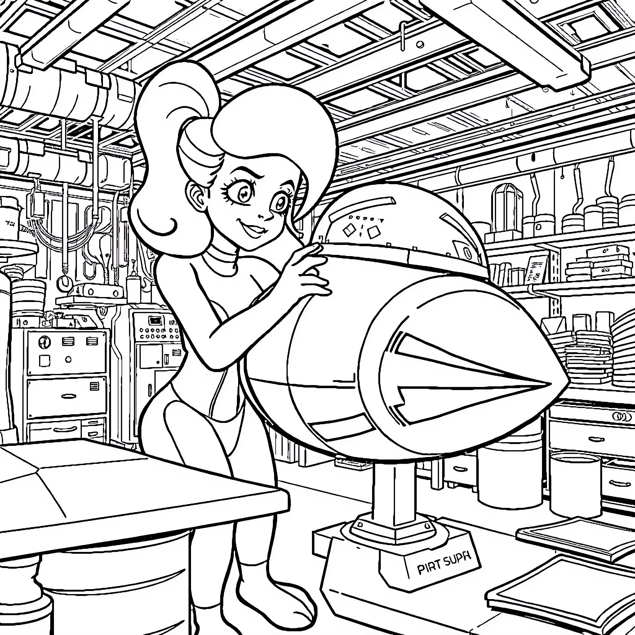 Leela working on a futuristic spacecraft in a workshop Coloring Page (free black-and-white line drawing printable PDF for all, from beginners to advanced learners, including children, teens, adults, and seniors)