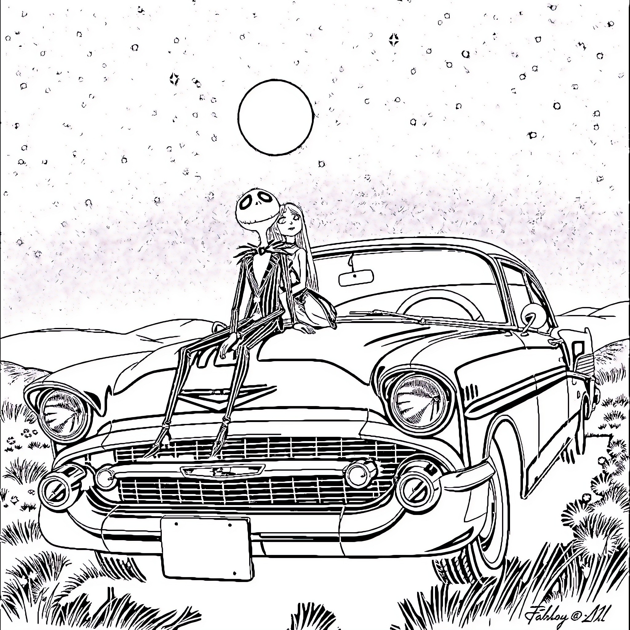Jack Skeleton riding vintage car under the night sky Coloring Page (free black-and-white line drawing printable PDF for all, from beginners to advanced learners, including children, teens, adults, and seniors)