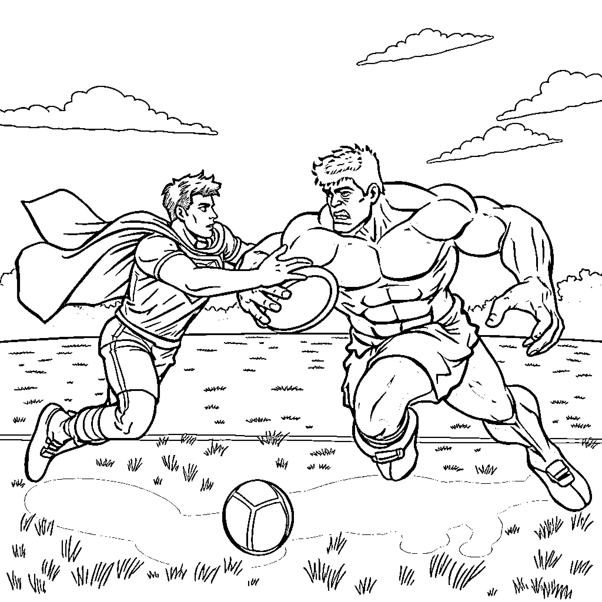 Superman battles a muscular opponent in a grassy field Coloring Page (free black-and-white line drawing printable PDF for all, from beginners to advanced learners, including children, teens, adults, and seniors)