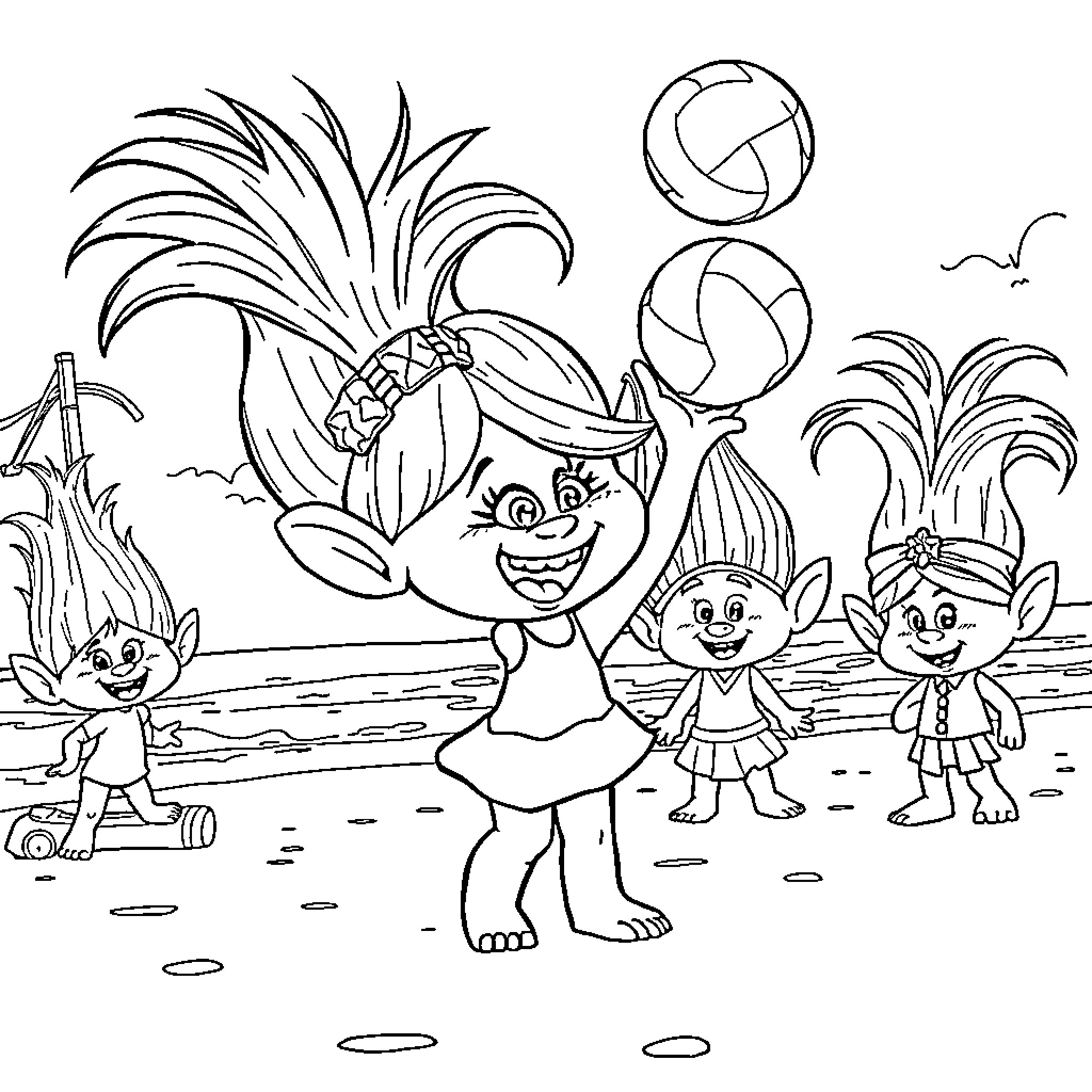 Poppy and the Troll Friends Enjoy a Beach Day Coloring Page (free black-and-white line drawing printable PDF for all, from beginners to advanced learners, including children, teens, adults, and seniors)