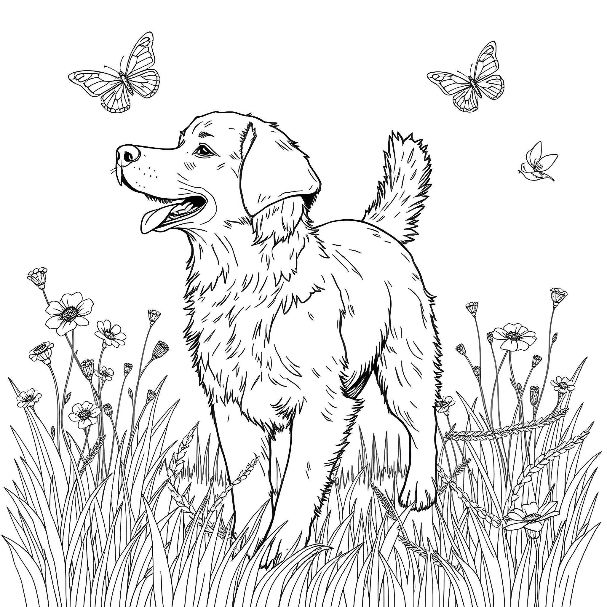 Dog exploring nature with butterflies Coloring Page (free black-and-white line drawing printable PDF for all, from beginners to advanced learners, including children, teens, adults, and seniors)