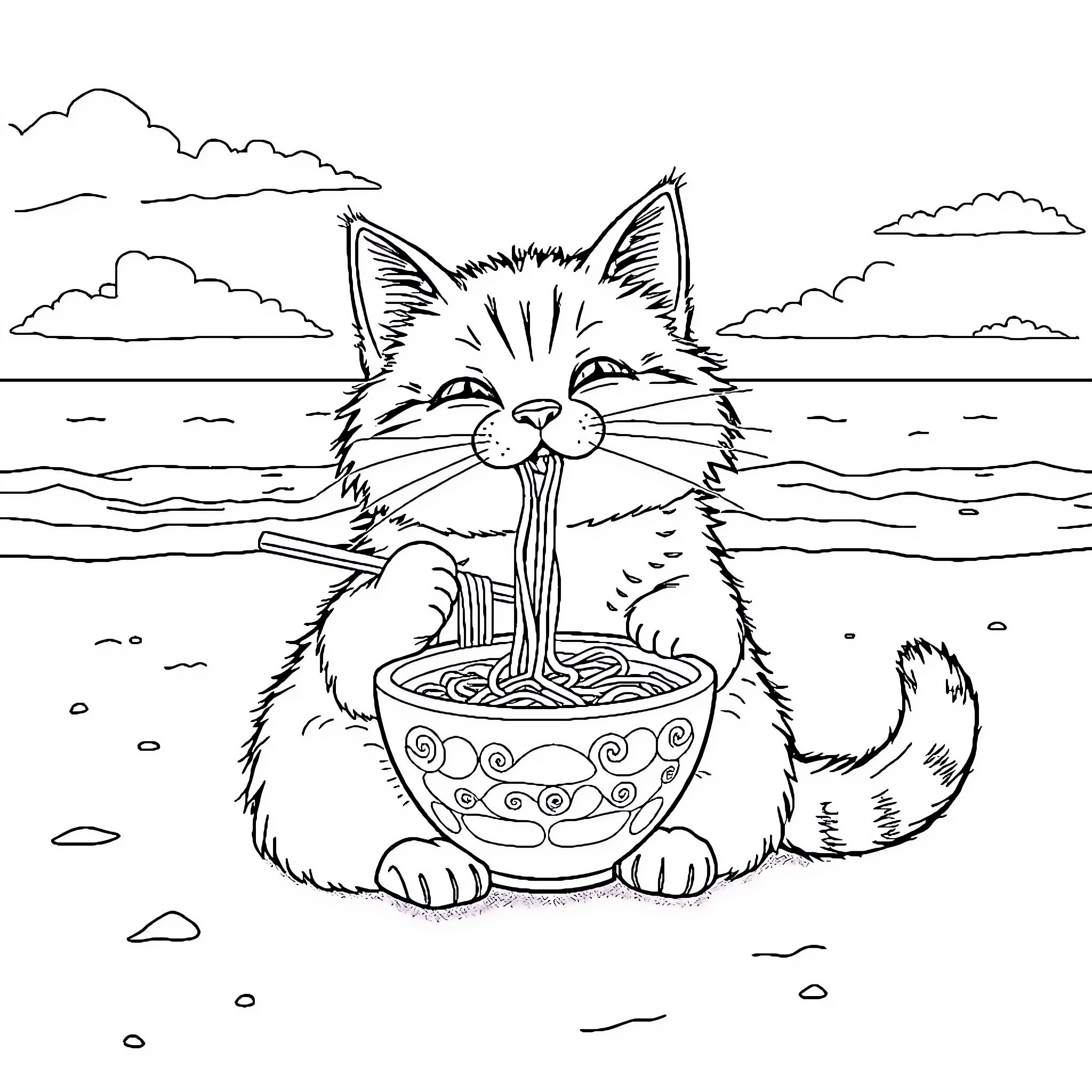 Cat enjoying ramen by the beach Coloring Page (free black-and-white line drawing printable PDF for all, from beginners to advanced learners, including children, teens, adults, and seniors)