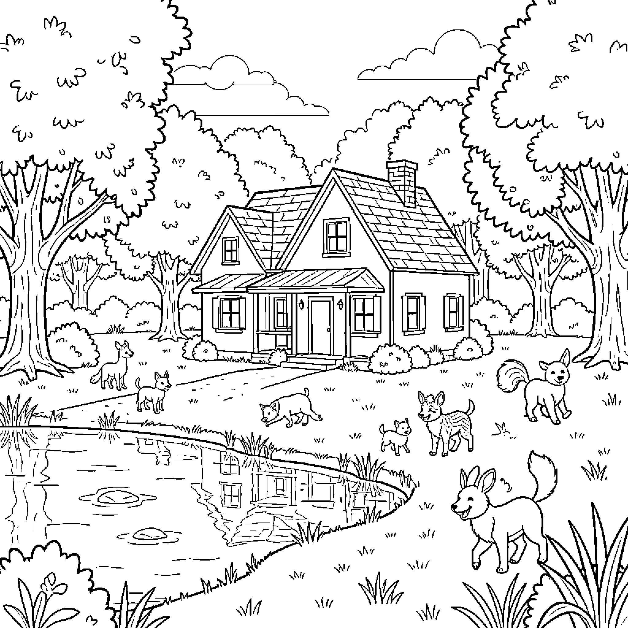 Casa in the Serene Woodland Landscape Coloring Page (free black-and-white line drawing printable PDF for all, from beginners to advanced learners, including children, teens, adults, and seniors)