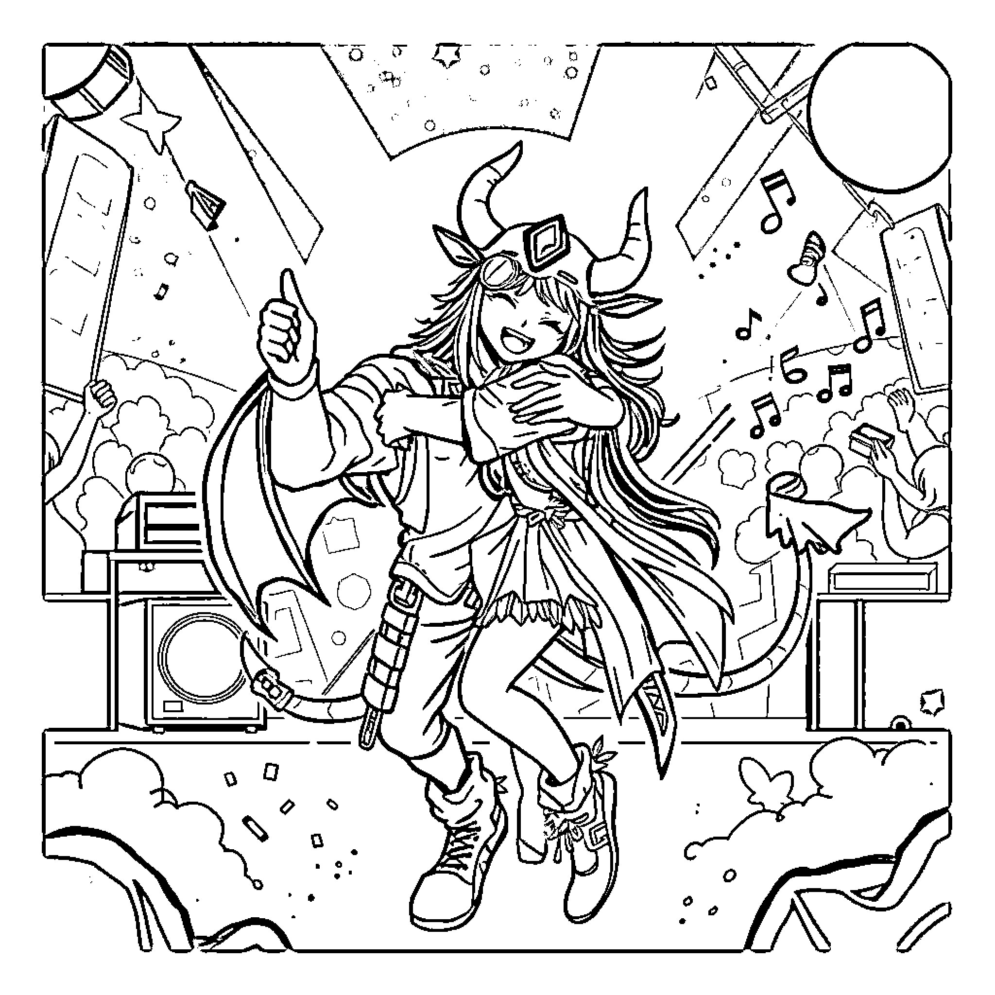 Kpop Star Performing Energetically on Stage Coloring Page (free black-and-white line drawing printable PDF for all, from beginners to advanced learners, including children, teens, adults, and seniors)