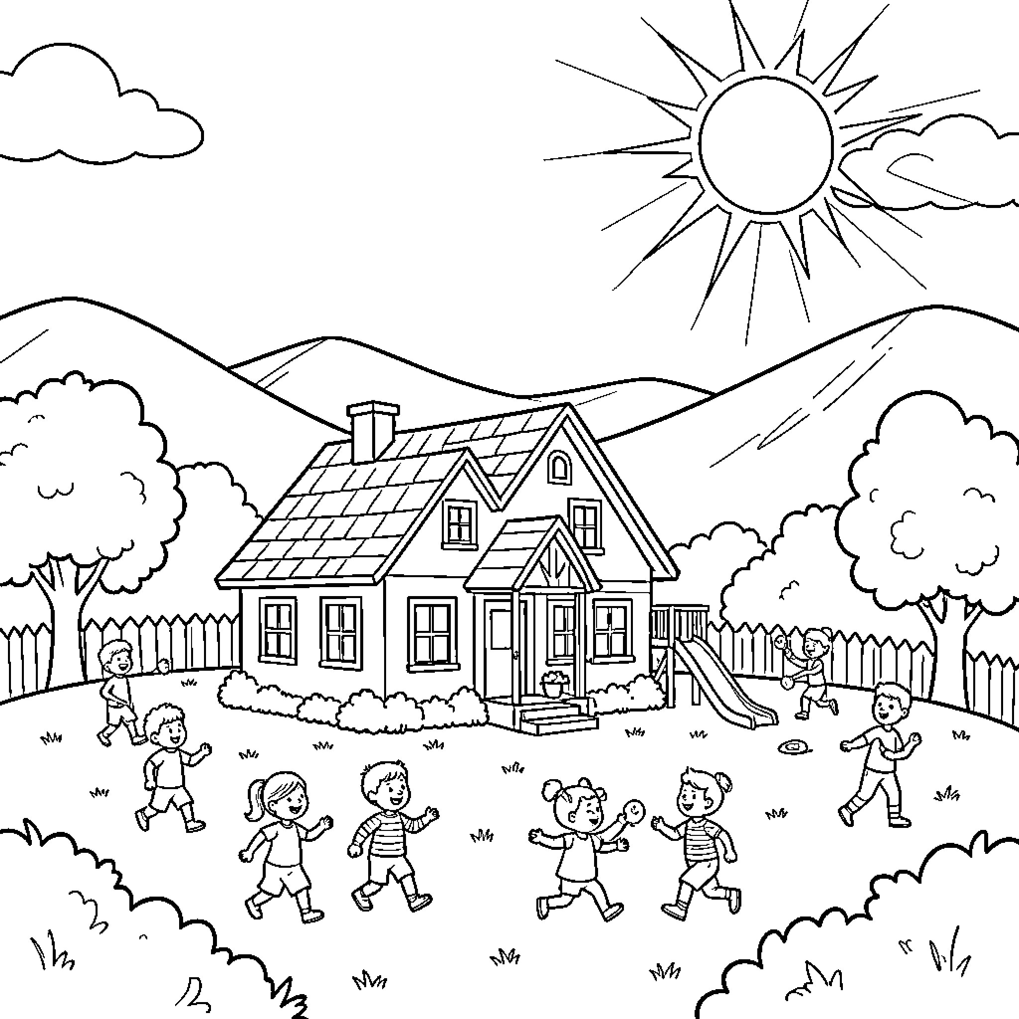 Home where children play joyfully in the yard Coloring Page (free black-and-white line drawing printable PDF for all, from beginners to advanced learners, including children, teens, adults, and seniors)