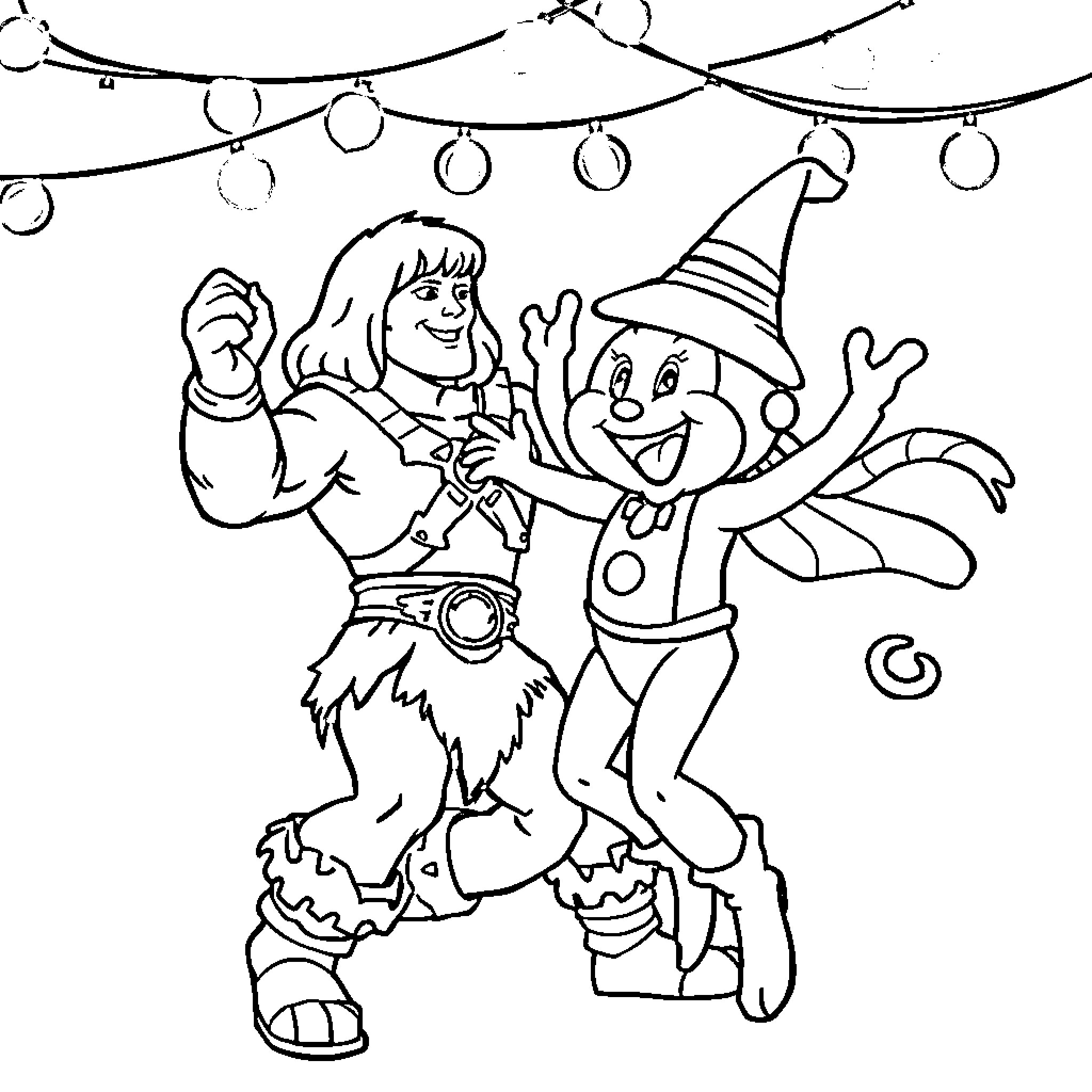 He-Man and Jester Celebrating in Holiday Decor Coloring Page (free black-and-white line drawing printable PDF for all, from beginners to advanced learners, including children, teens, adults, and seniors)