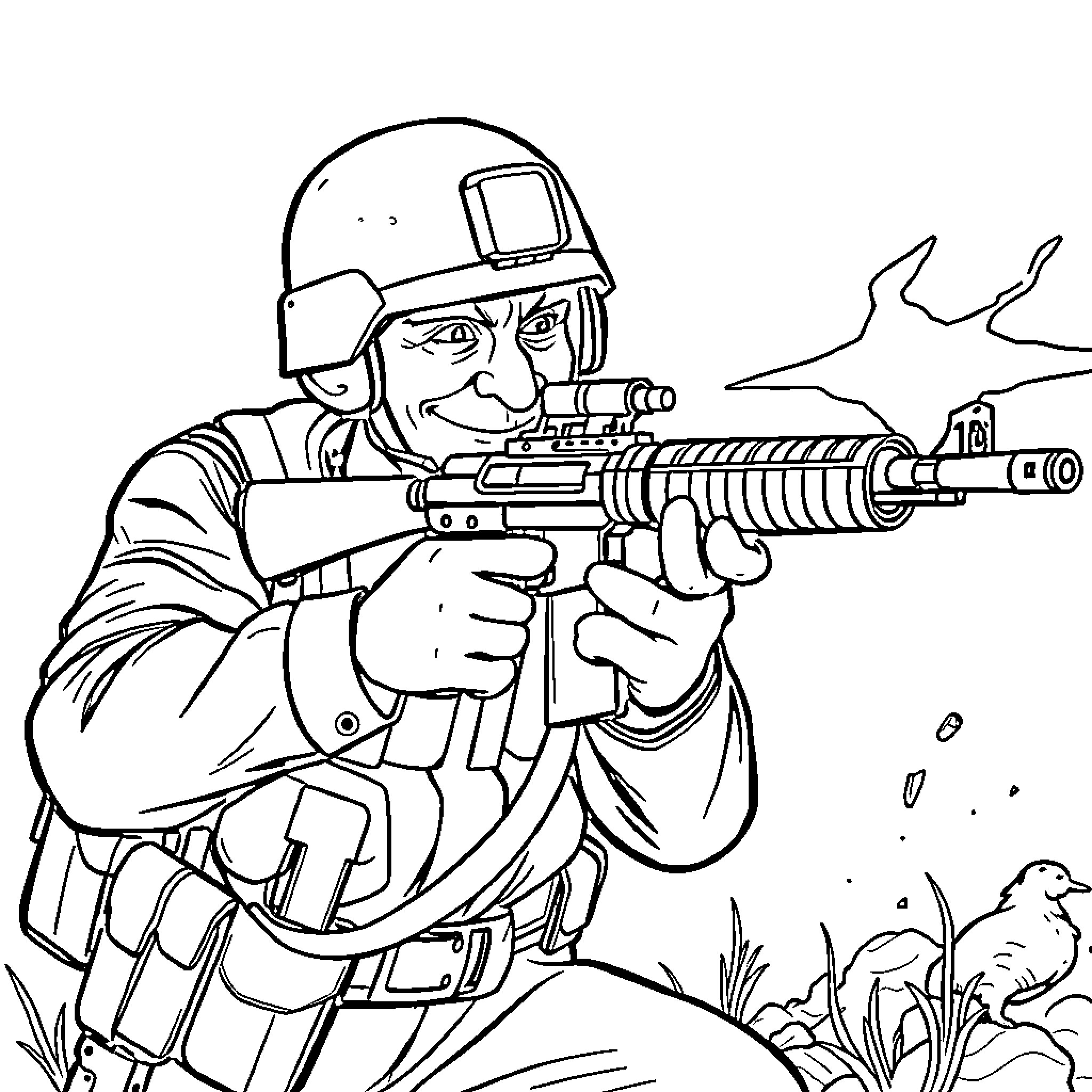Soldier aiming rifle in combat scene Coloring Page (free black-and-white line drawing printable PDF for all, from beginners to advanced learners, including children, teens, adults, and seniors)
