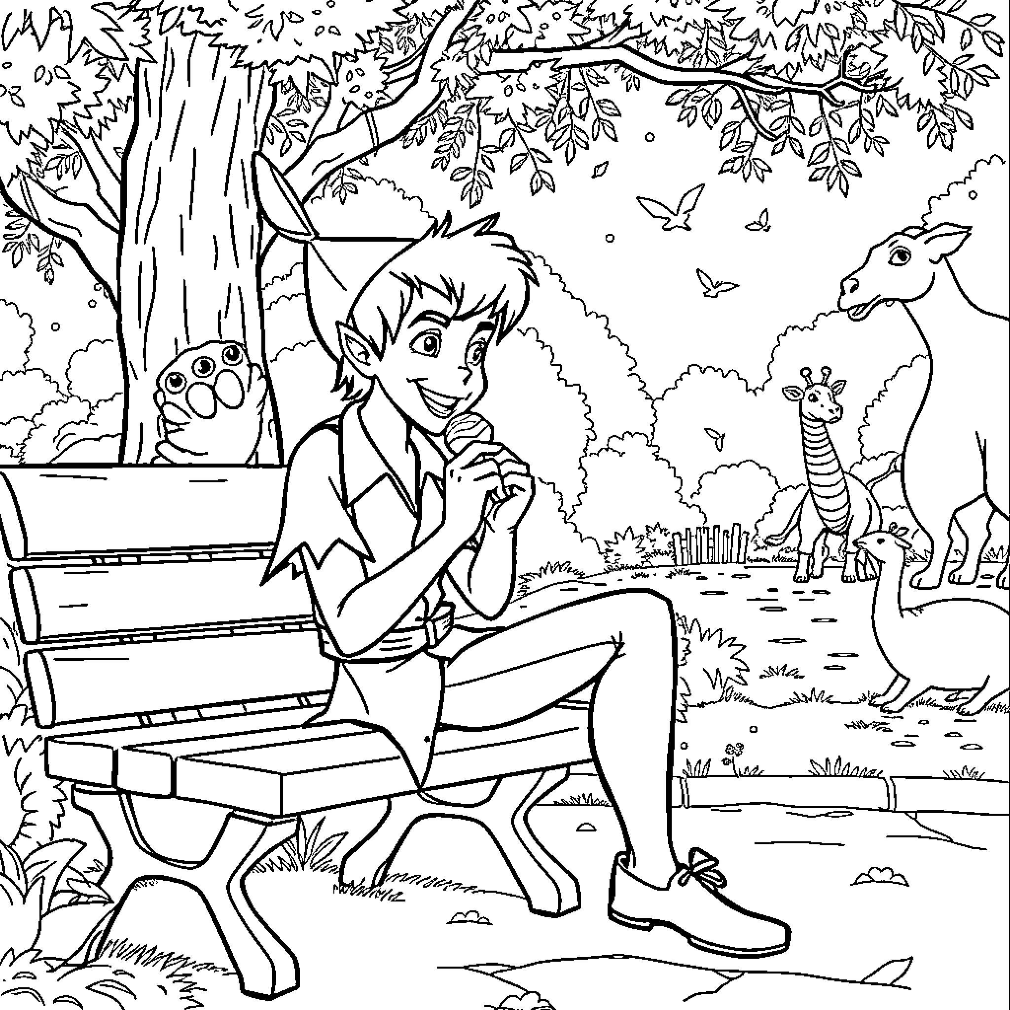 Peter Pan sitting on a bench in the forest Coloring Page (free black-and-white line drawing printable PDF for all, from beginners to advanced learners, including children, teens, adults, and seniors)