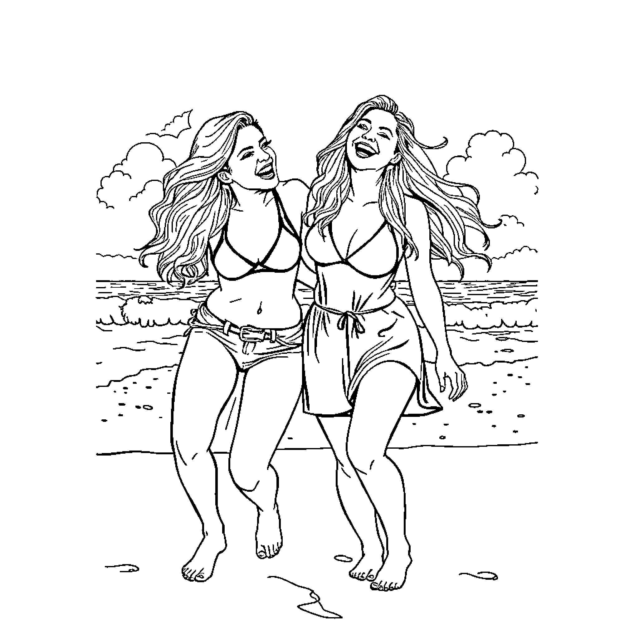 Hillary Duff and friend enjoy summer beach vacation Coloring Page (free black-and-white line drawing printable PDF for all, from beginners to advanced learners, including children, teens, adults, and seniors)