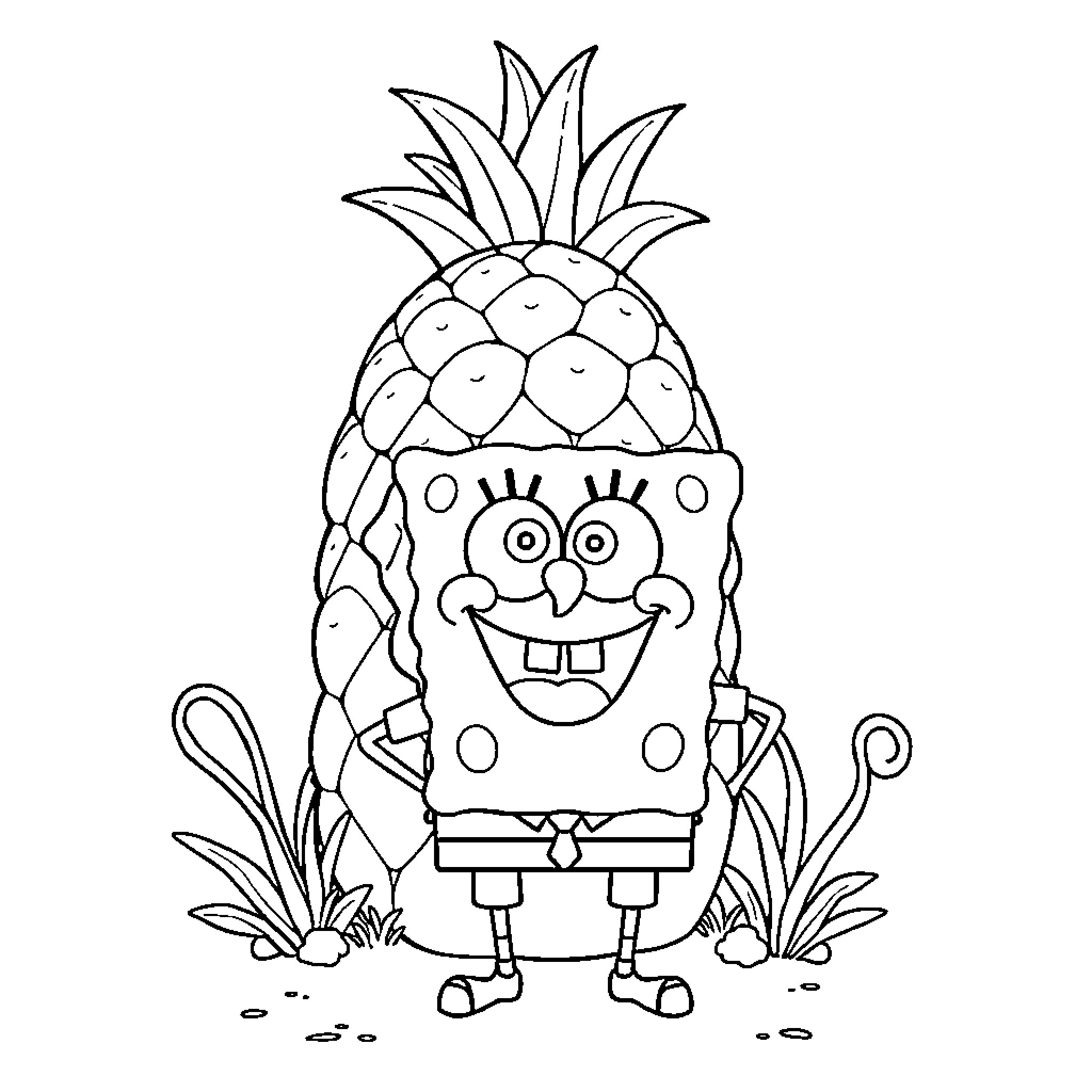 Spongebob in a pineapple costume Coloring Page (free black-and-white line drawing printable PDF for all, from beginners to advanced learners, including children, teens, adults, and seniors)