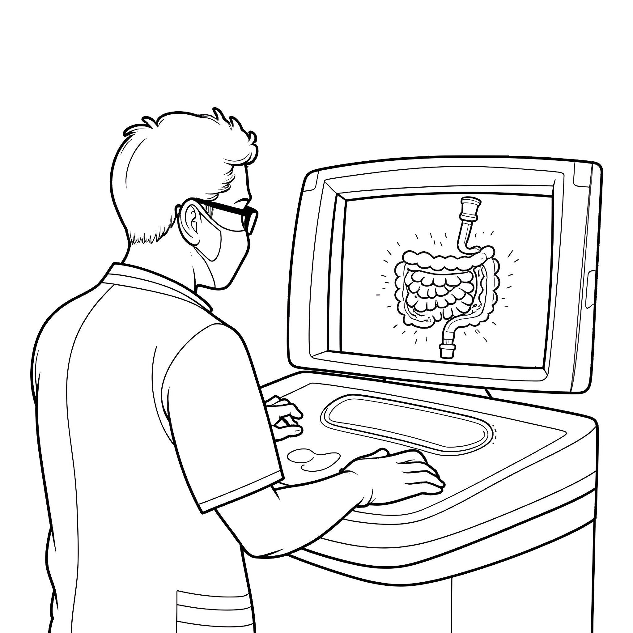 Doctor Examines Detailed Organ Scan on Computer Coloring Page (free black-and-white line drawing printable PDF for all, from beginners to advanced learners, including children, teens, adults, and seniors)