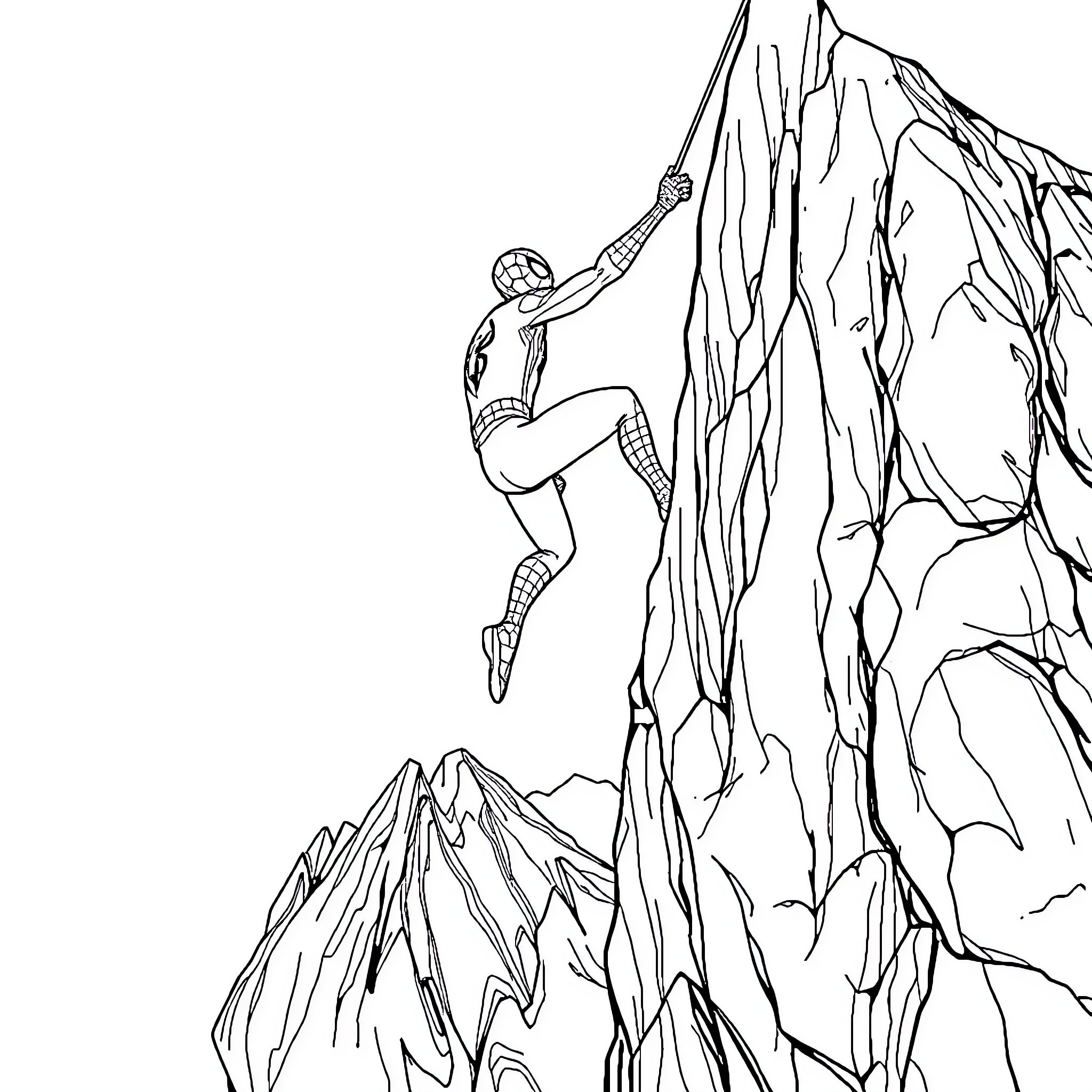 Spiderman scaling the perilous mountain peaks Coloring Page (free black-and-white line drawing printable PDF for all, from beginners to advanced learners, including children, teens, adults, and seniors)