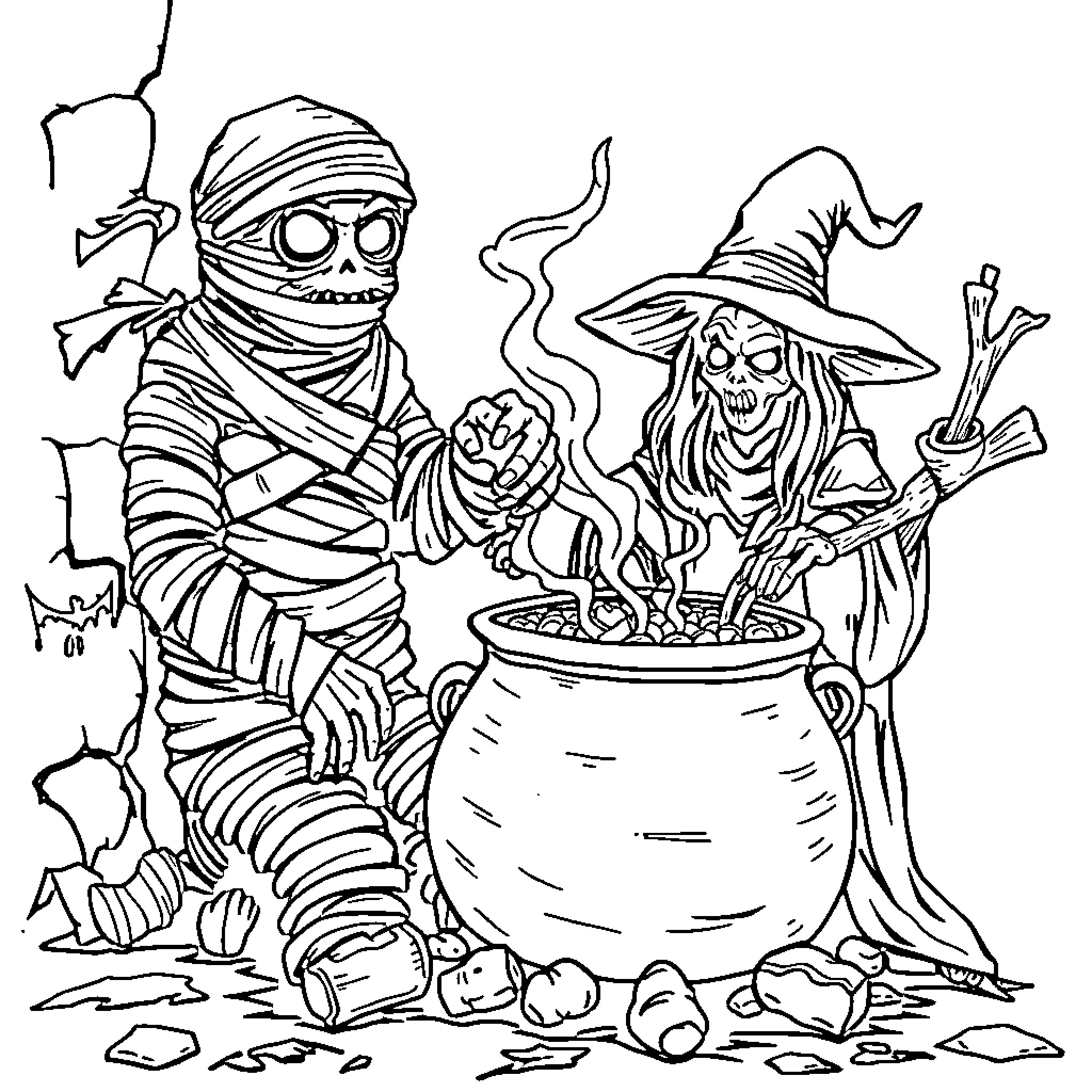 Mummy and Witch Brewing Magic Potion Coloring Page (free black-and-white line drawing printable PDF for all, from beginners to advanced learners, including children, teens, adults, and seniors)