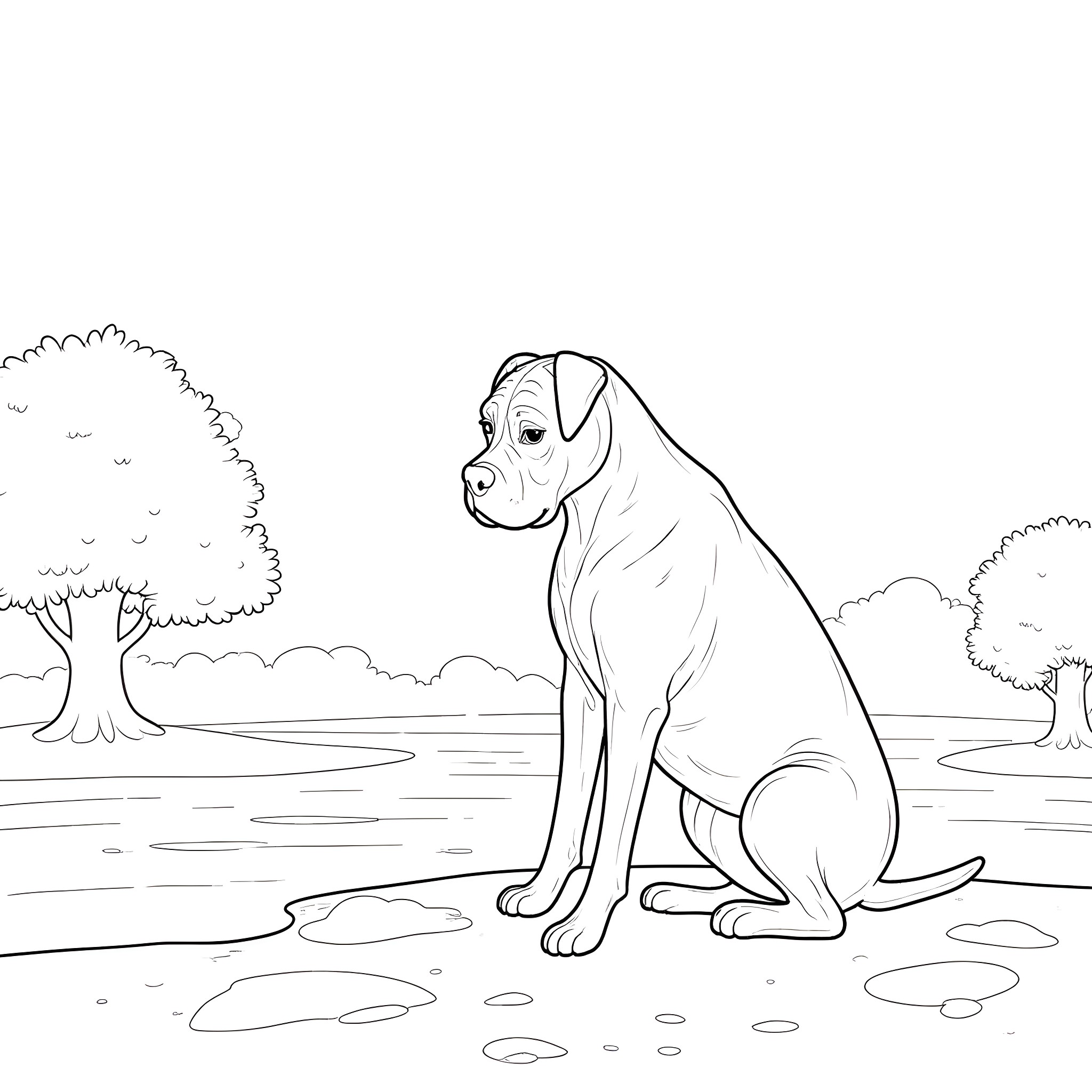 Boxer dog sitting in nature Coloring Page (free black-and-white line drawing printable PDF for all, from beginners to advanced learners, including children, teens, adults, and seniors)