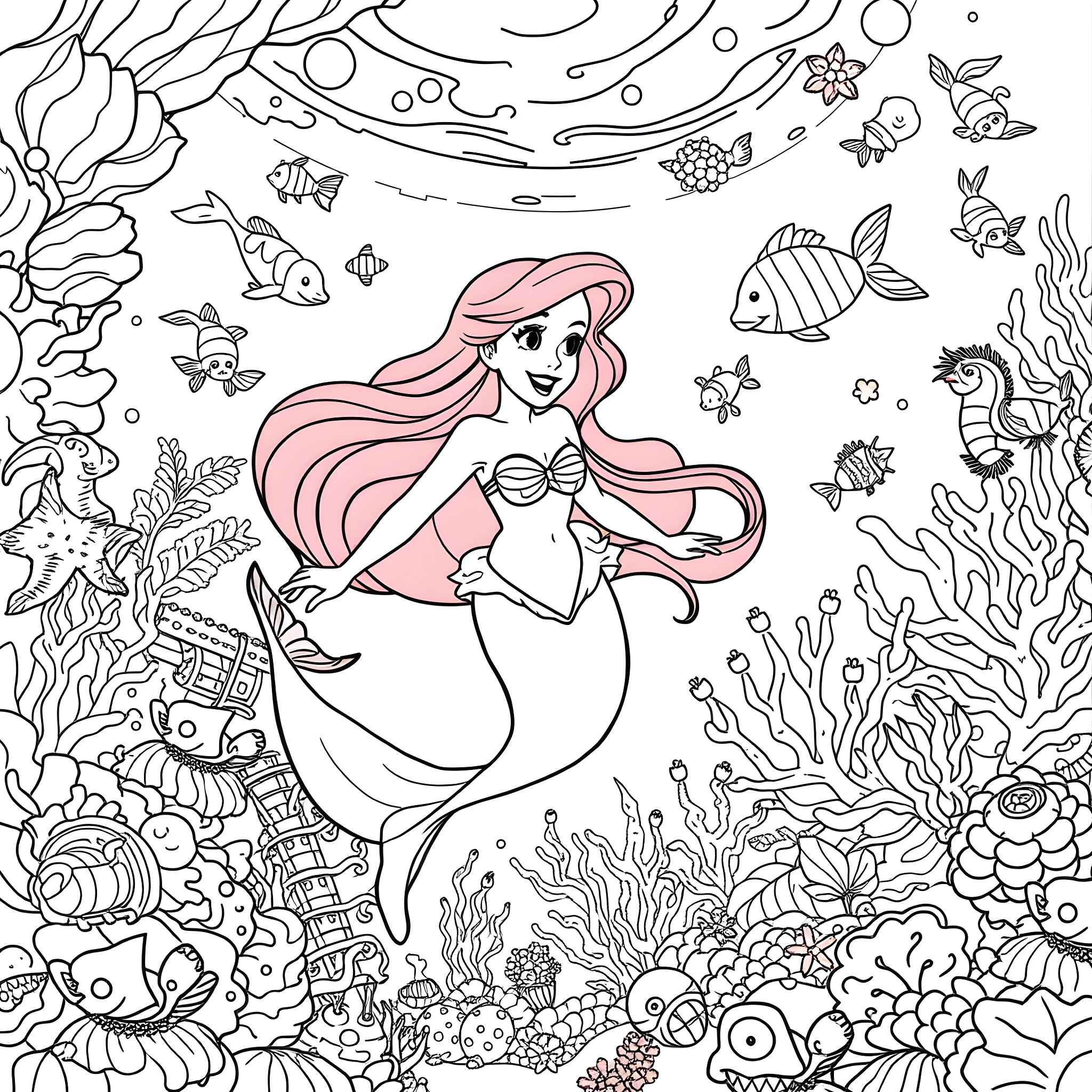 Ariel exploring the colorful underwater world Coloring Page (free black-and-white line drawing printable PDF for all, from beginners to advanced learners, including children, teens, adults, and seniors)