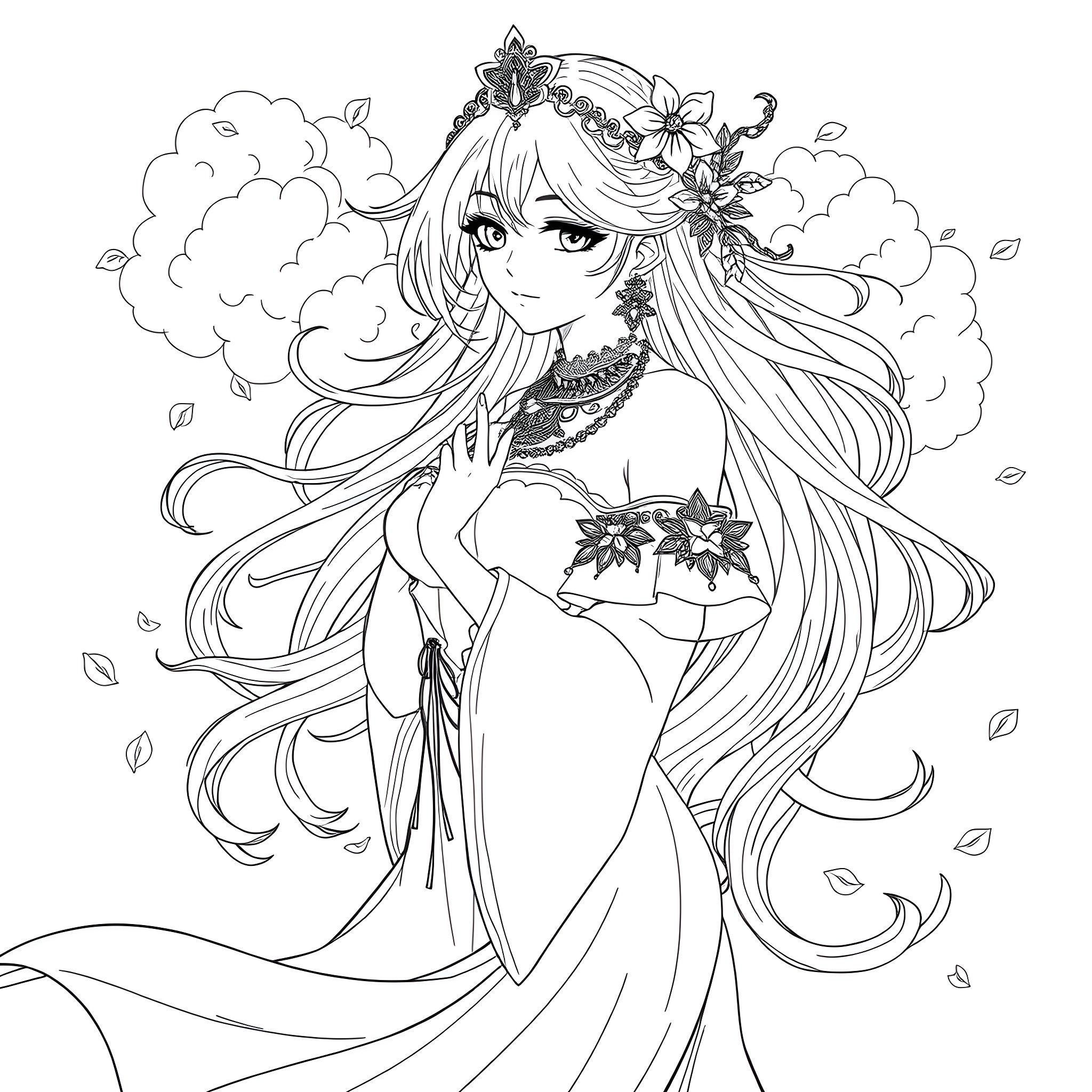 Anime Woman in Flowing Dress with Floral Accessories Coloring Page (free black-and-white line drawing printable PDF for all, from beginners to advanced learners, including children, teens, adults, and seniors)