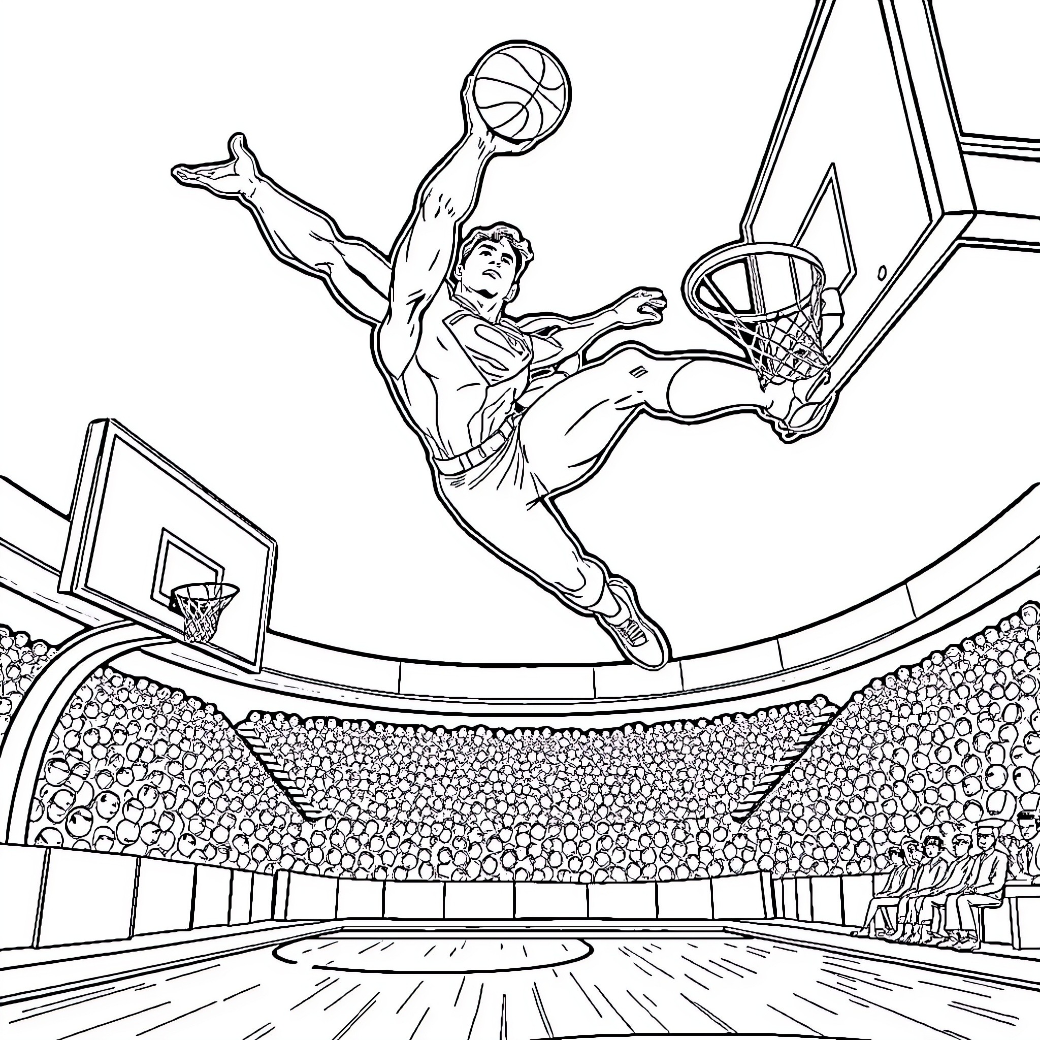 Superman's Slam Dunk on the Basketball Court Coloring Page (free black-and-white line drawing printable PDF for all, from beginners to advanced learners, including children, teens, adults, and seniors)