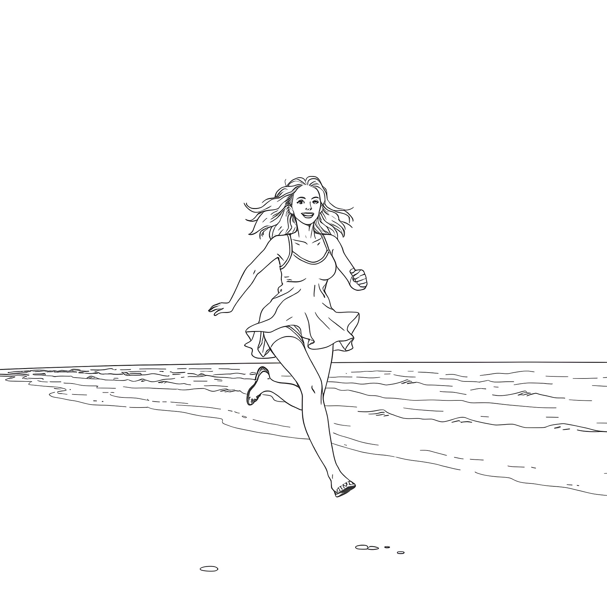 Woman running joyfully on the beach Coloring Page (free black-and-white line drawing printable PDF for all, from beginners to advanced learners, including children, teens, adults, and seniors)