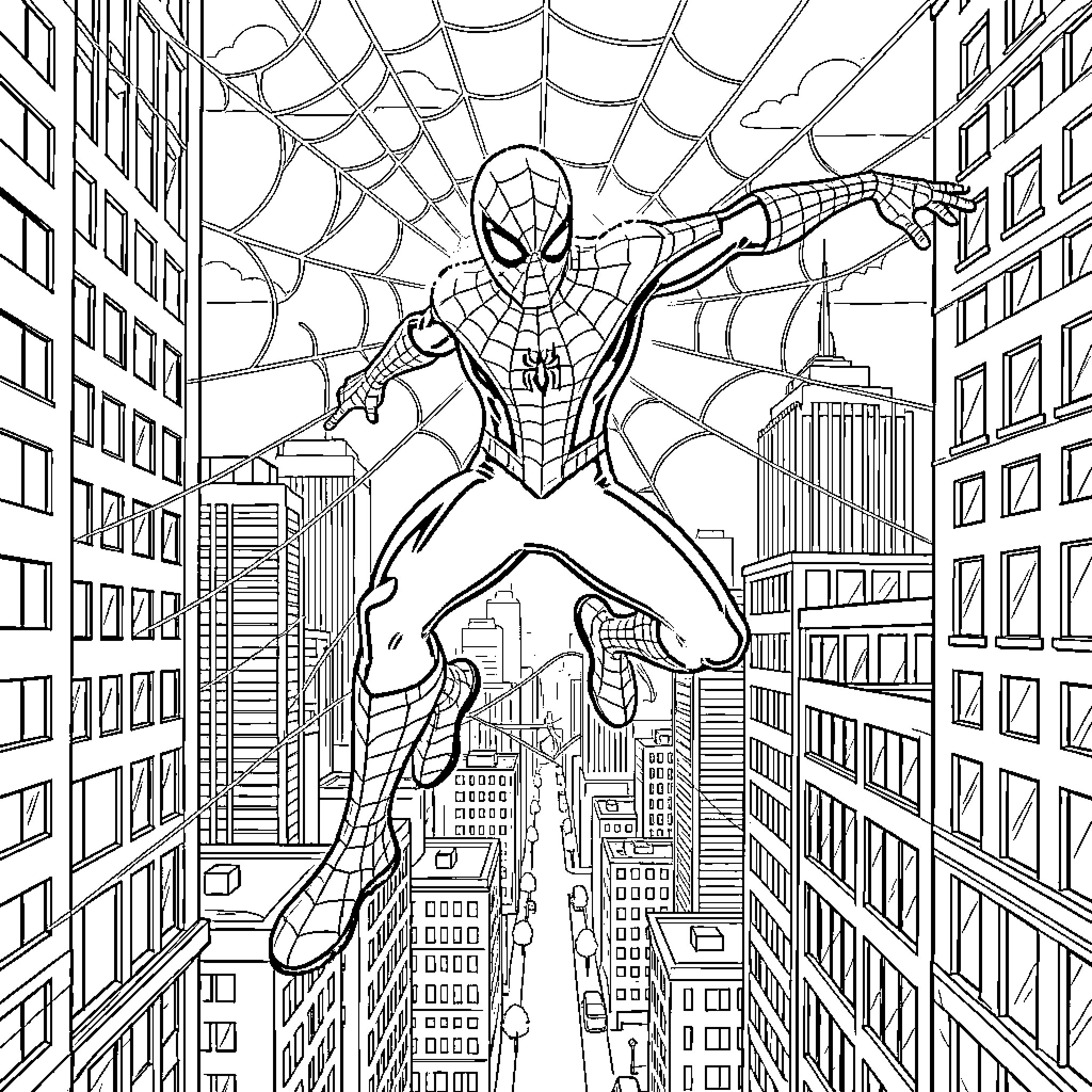 Spiderman swinging through the city on a web Coloring Page (free black-and-white line drawing printable PDF for all, from beginners to advanced learners, including children, teens, adults, and seniors)