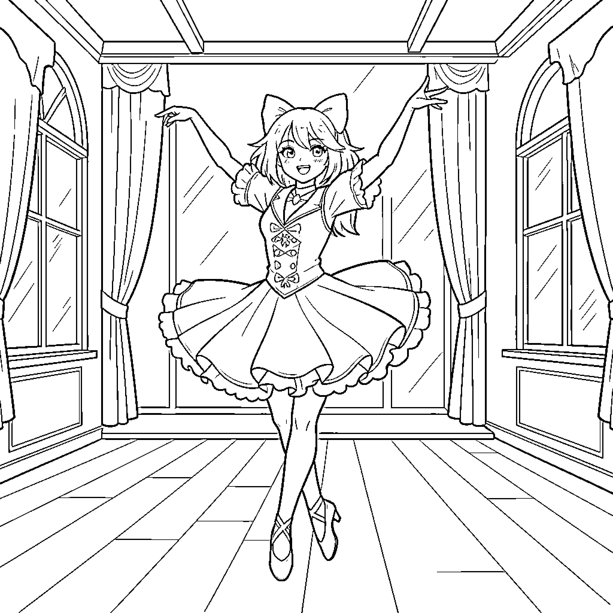 Katseye girl dancing joyfully in an elegant room Coloring Page (free black-and-white line drawing printable PDF for all, from beginners to advanced learners, including children, teens, adults, and seniors)