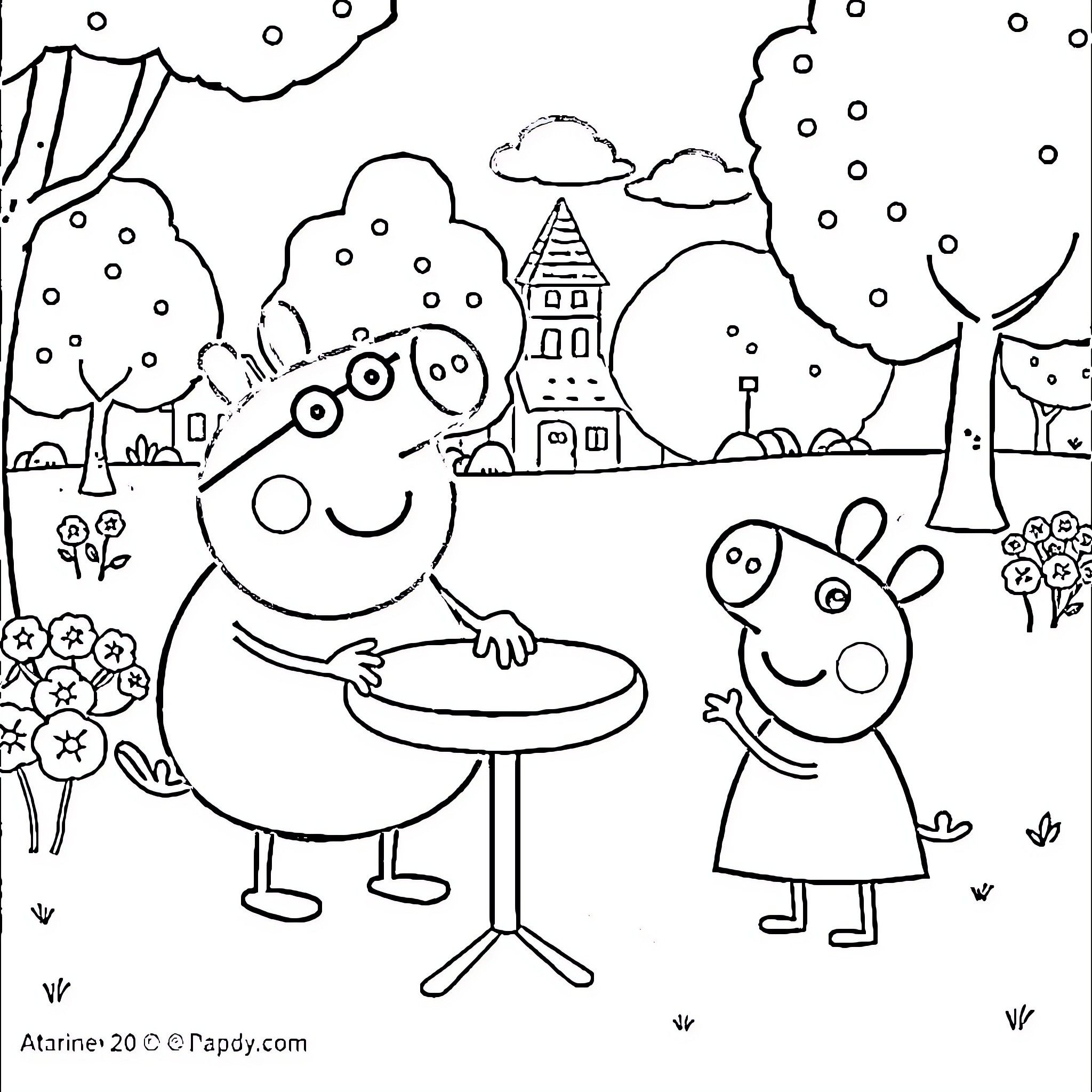 Spongebob and Peppa Pig playing outdoors in a town Coloring Page (free black-and-white line drawing printable PDF for all, from beginners to advanced learners, including children, teens, adults, and seniors)