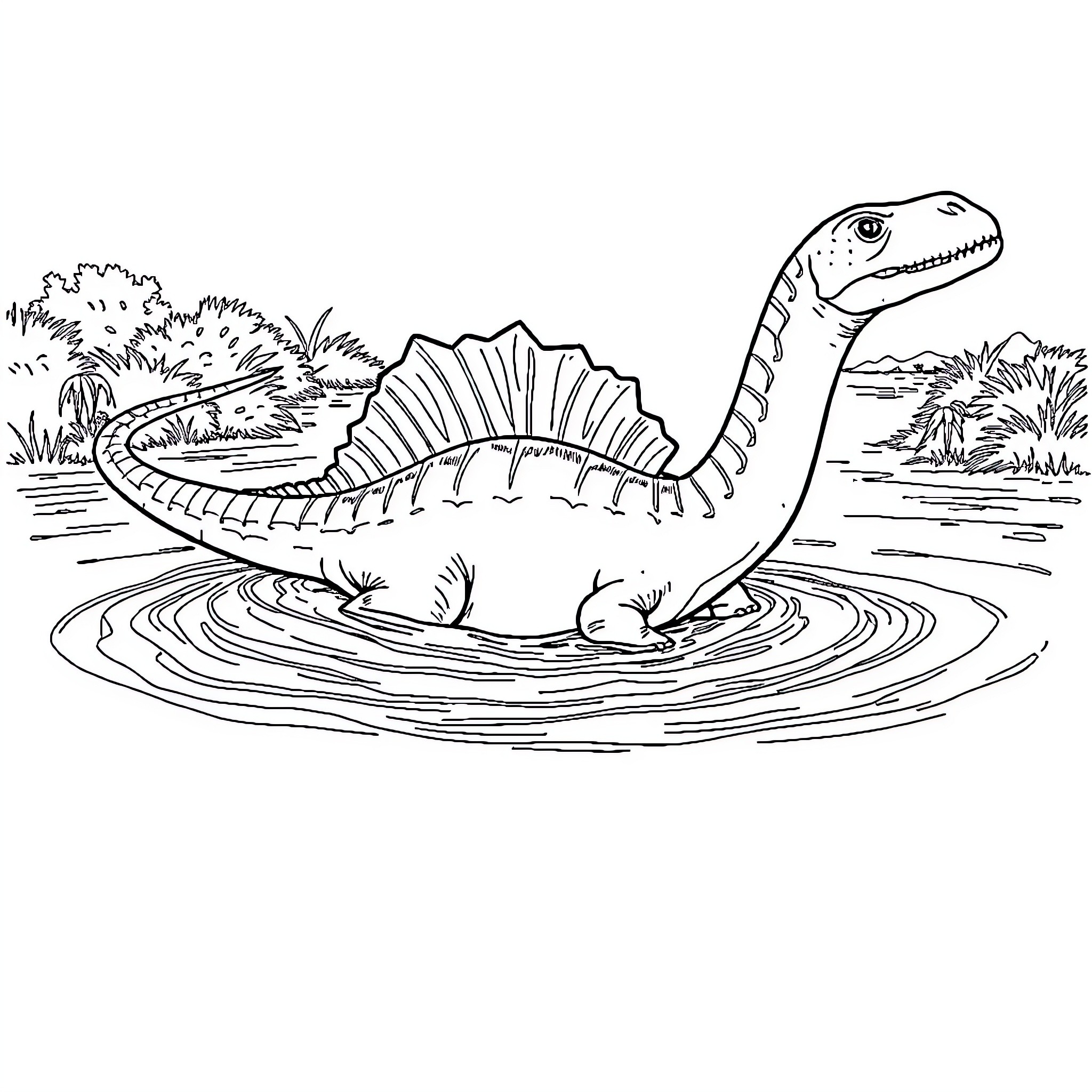 Spinosaurus swimming in the water Coloring Page (free black-and-white line drawing printable PDF for all, from beginners to advanced learners, including children, teens, adults, and seniors)