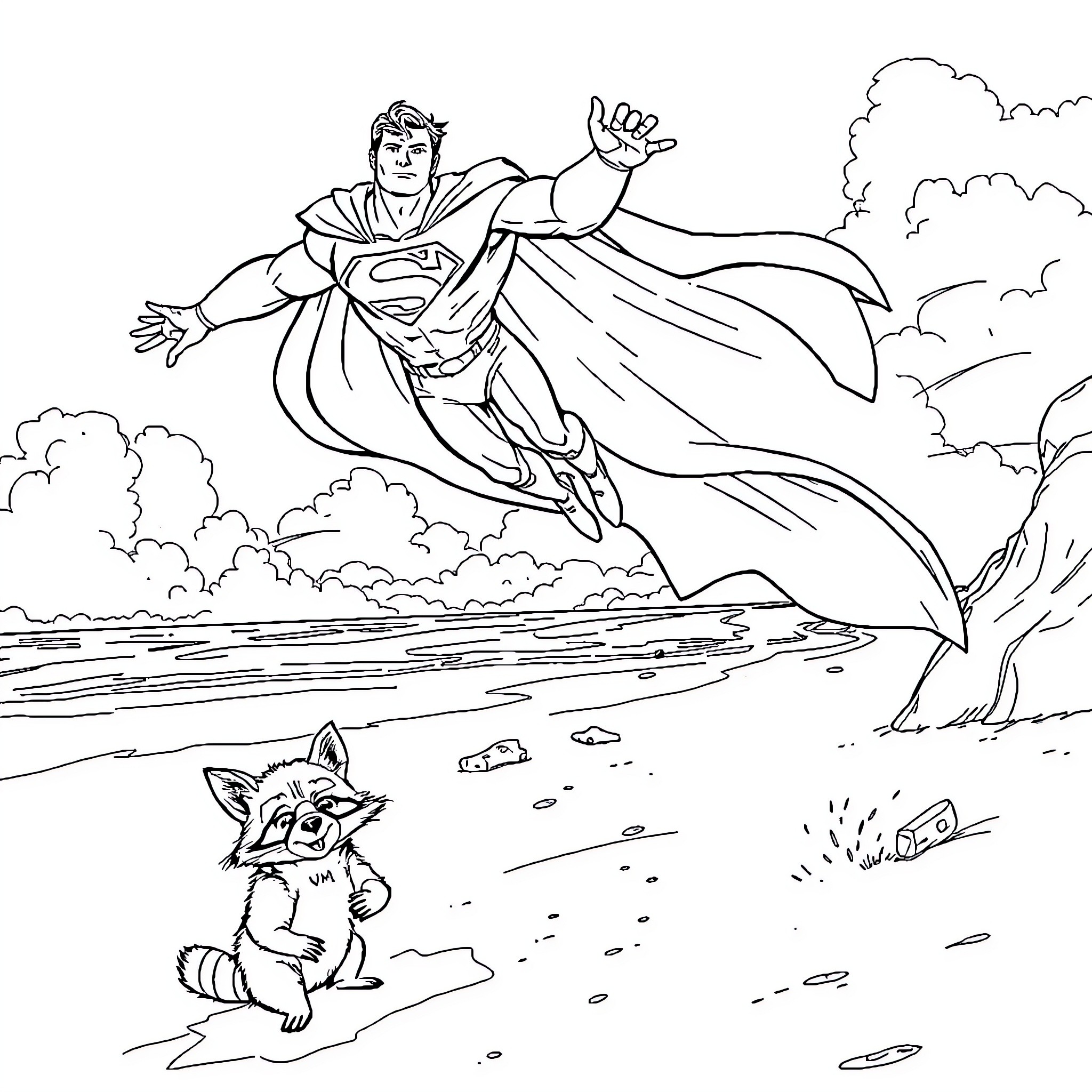 Superman soaring through the sky Coloring Page (free black-and-white line drawing printable PDF for all, from beginners to advanced learners, including children, teens, adults, and seniors)