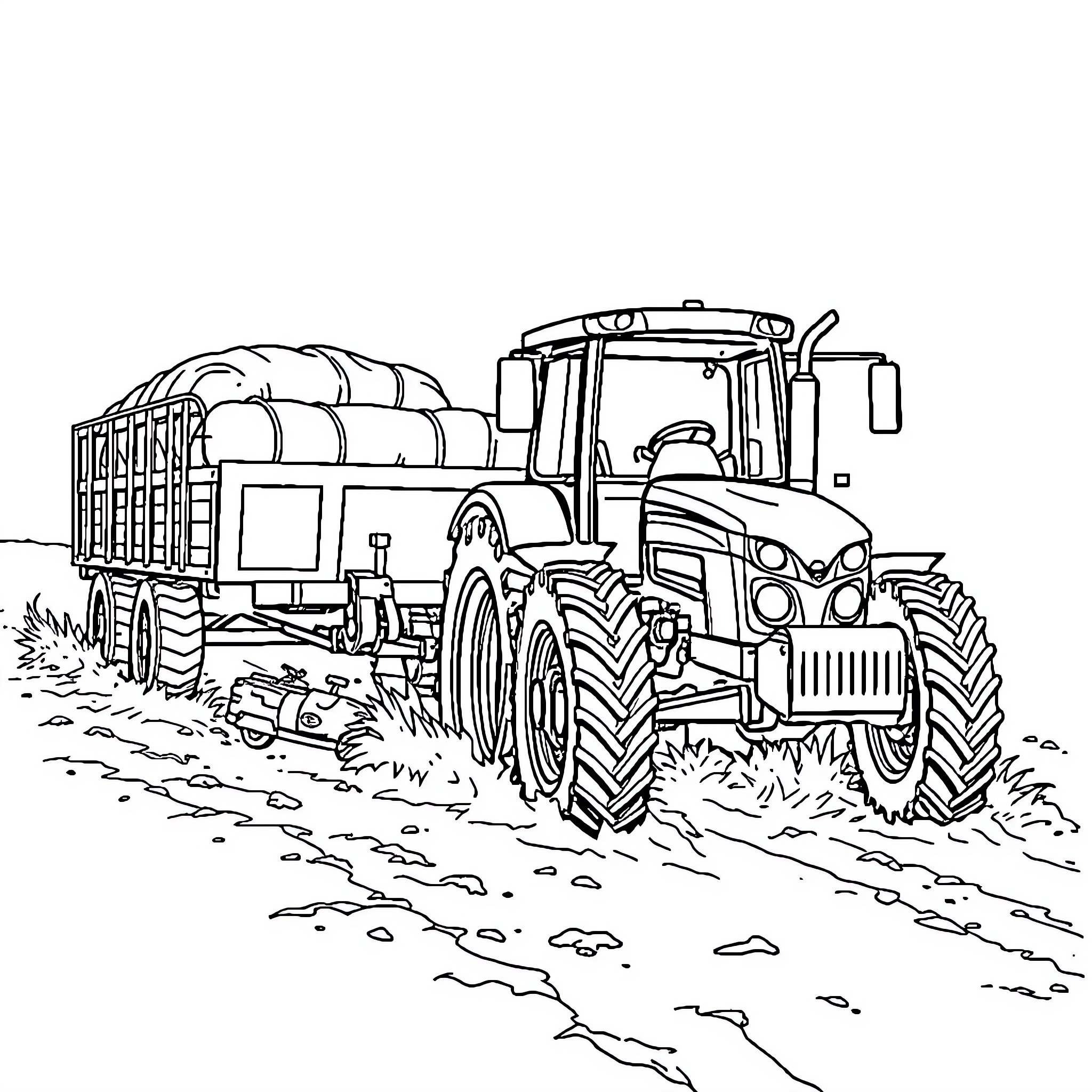 Tractor transporting cargo through the field Coloring Page (free black-and-white line drawing printable PDF for all, from beginners to advanced learners, including children, teens, adults, and seniors)