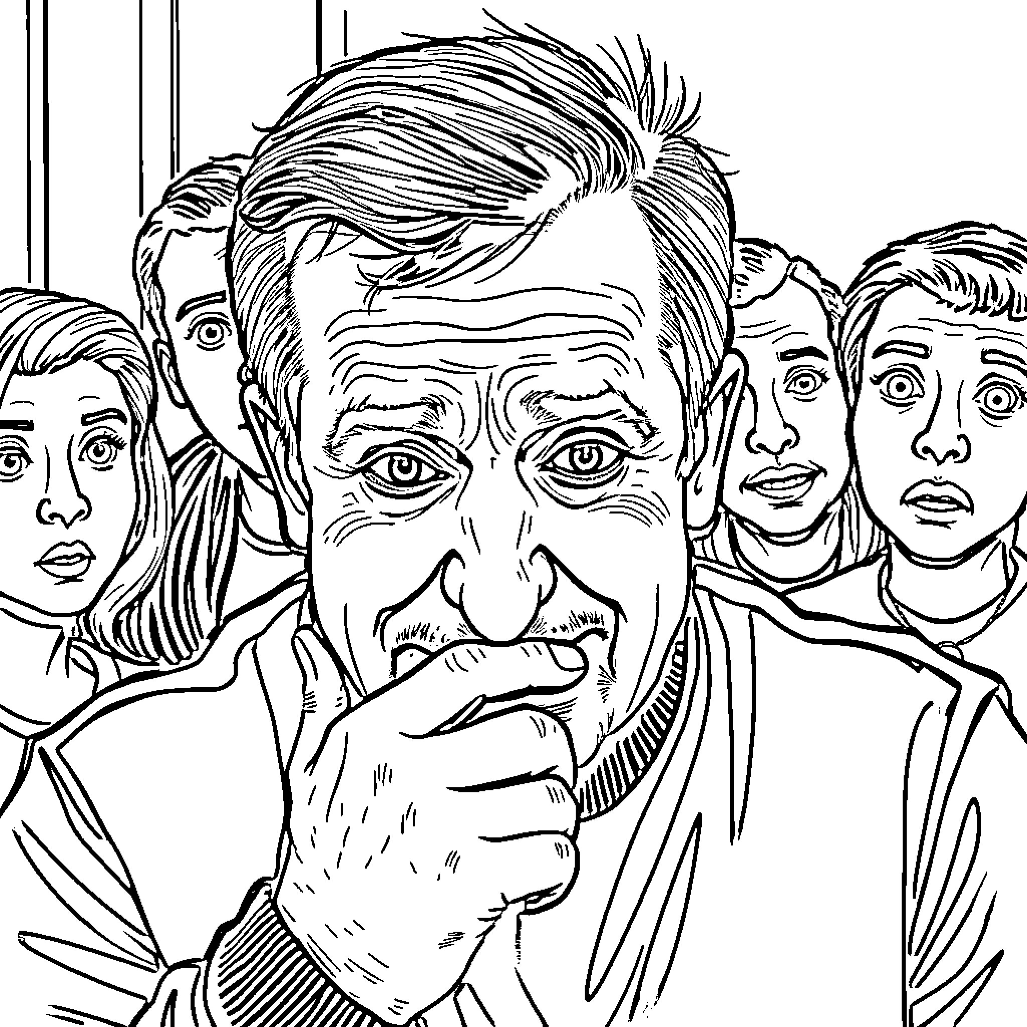 Robin Williams in an expressive, contemplative moment Coloring Page (free black-and-white line drawing printable PDF for all, from beginners to advanced learners, including children, teens, adults, and seniors)