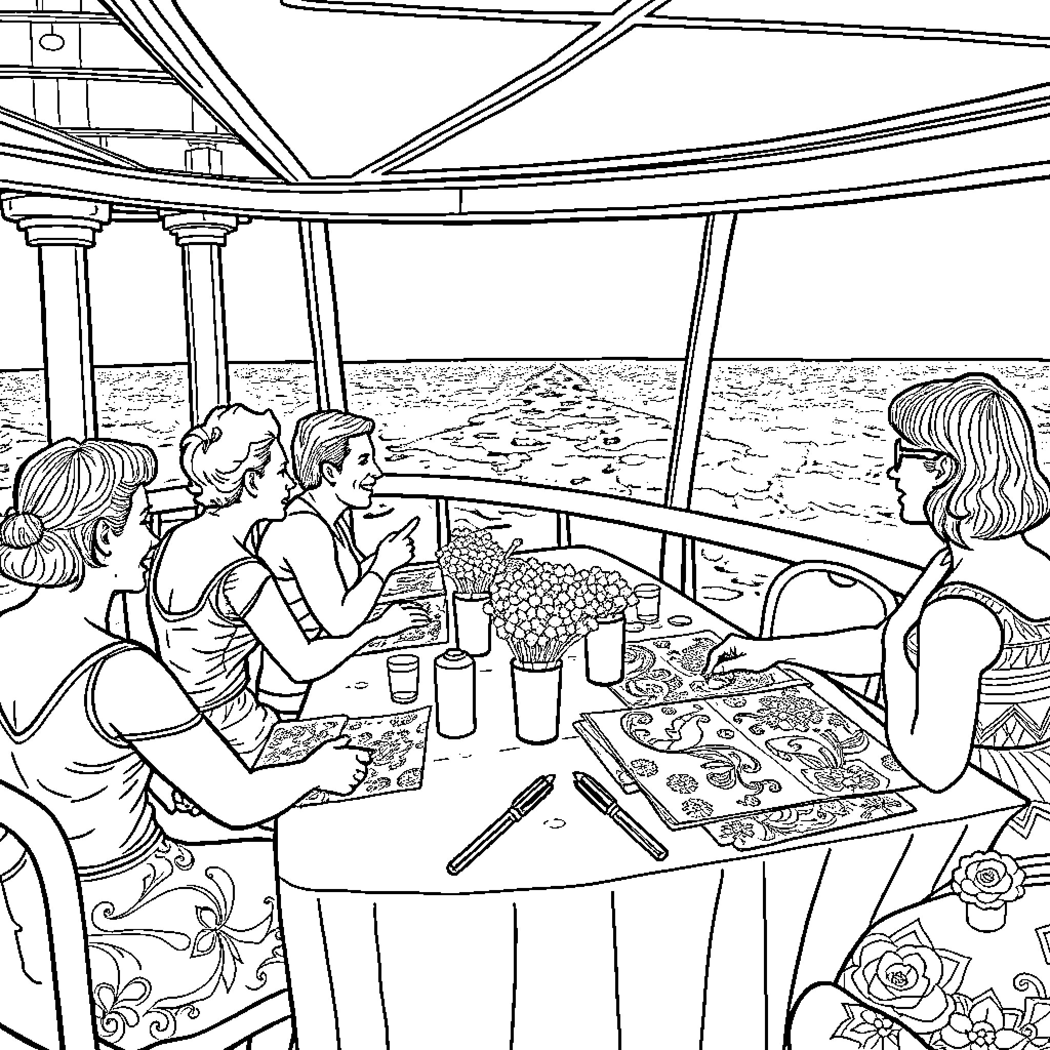 Cruise passengers enjoying conversation and dining on the deck Coloring Page (free black-and-white line drawing printable PDF for all, from beginners to advanced learners, including children, teens, adults, and seniors)